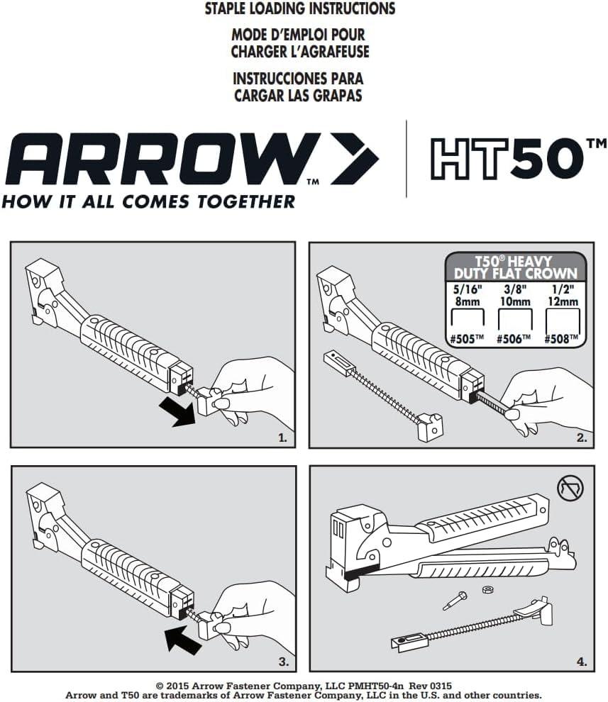 Arrow Fastener Arrow HT50 Heavy Duty Hammer Tacker, Chromed-Steel Manual Stapler with Sure-Grip Handle, Dual-Capacity Rear-Load Magazine, Fits 5/16”, 3/8", or 1/2" Staples