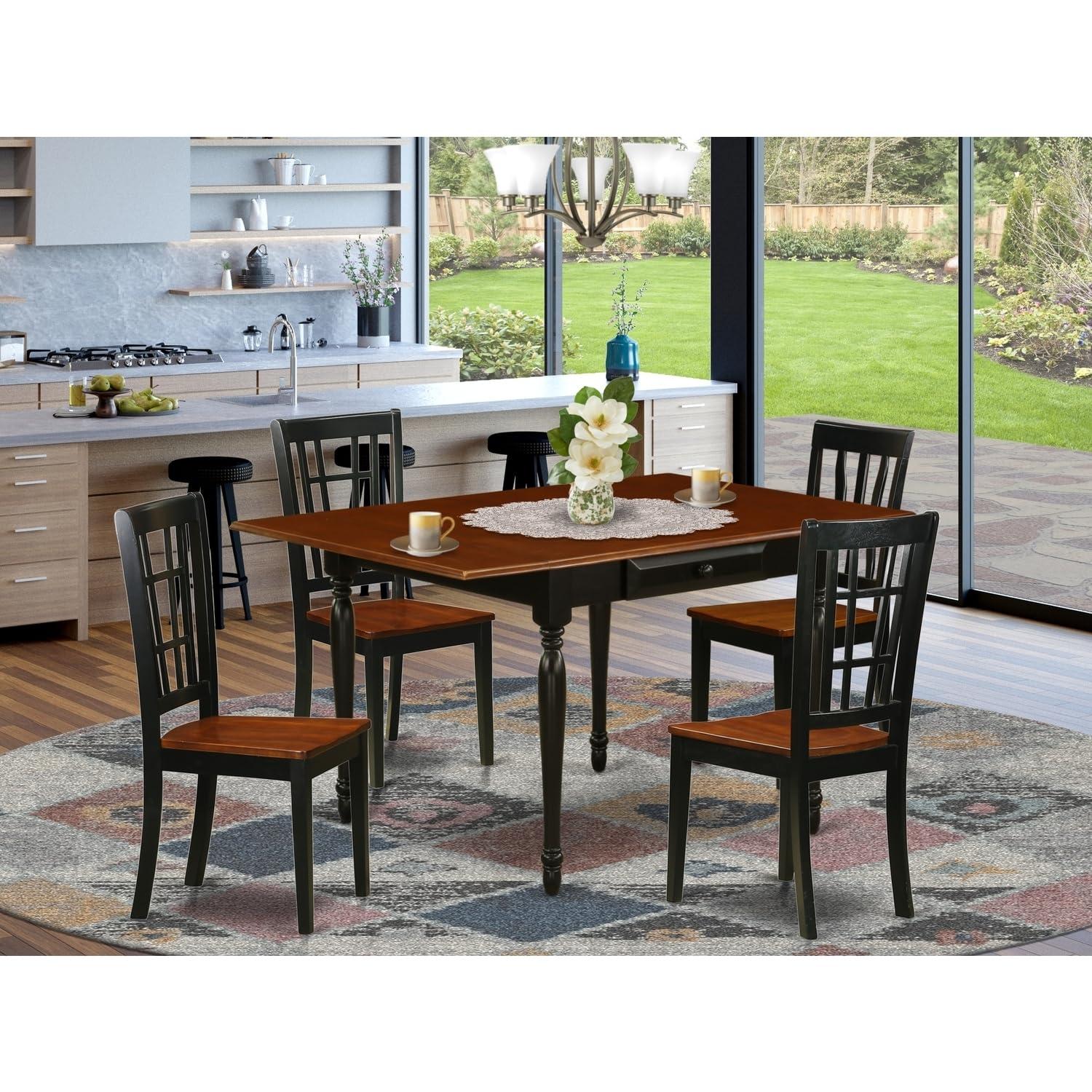 HomeStock HomeStock Modern Motifs 5 Pieces Dining Room Set - Strong Drop Leaf Wooden Dining Table and 4 Wooden Seat Dinette Chairs, Black and Cherry Finish