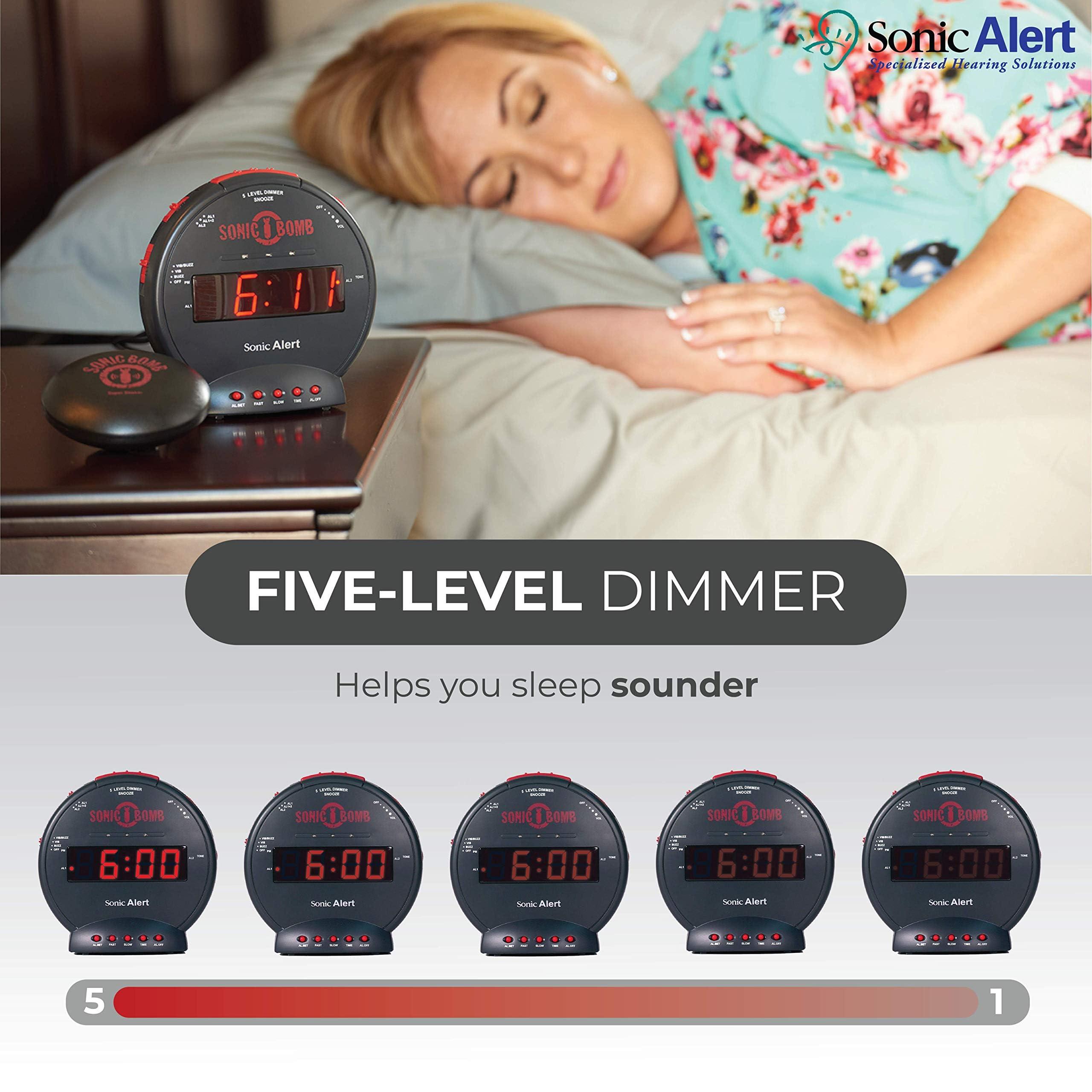 Sonic Alert Sonic Bomb Dual Extra Loud Alarm Clock with Bed Shaker, Black | Sonic Alert Vibrating, Heavy Sleepers, Battery Backup | Wake with a Shake