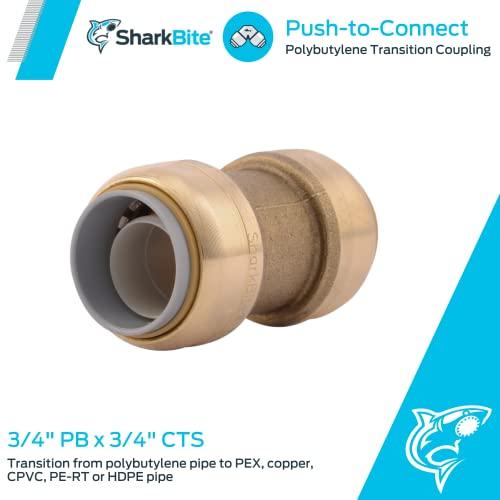 SharkBite SharkBite 3/4 Inch Polybutylene Transition Coupling, Push to Connect Brass Plumbing Fitting, PEX Pipe, Copper, CPVC, PE-RT, HDPE, U4016LFA