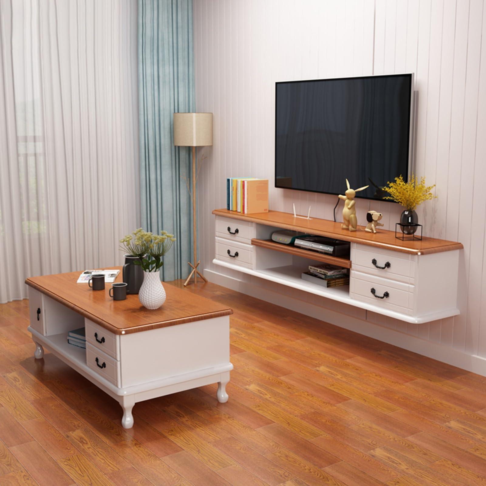 LIJBN Wall Mounted Floating TV Shelf,V Cabinet Floating Wall Shelf, Media Console, Entertainment Center Storage Rack,Double Drawer Design (Color : Gray, Size : 140x24x28cm), Grey