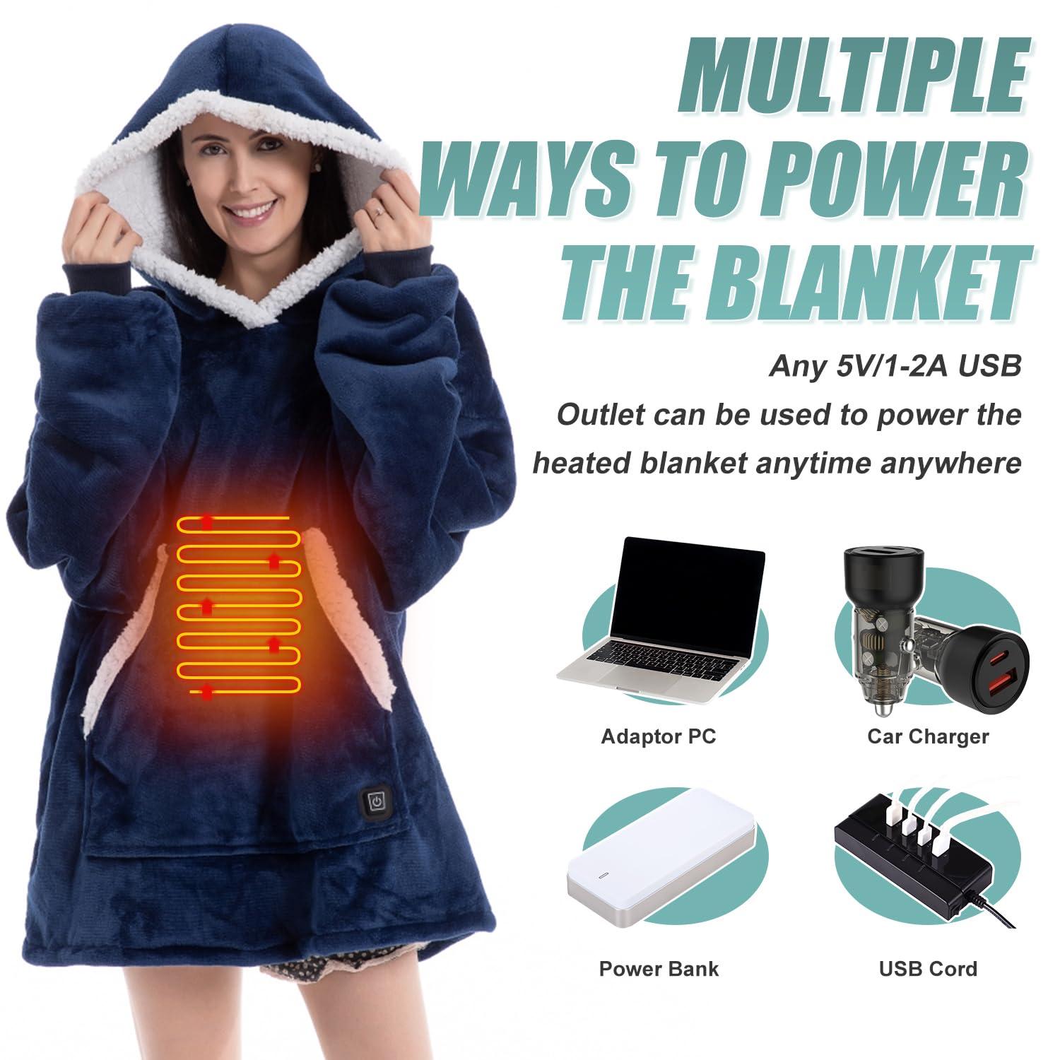 WOOLALA Heated Wearable Blanket Oversized Lazy Hoodie with Large Heating Area on Back Electric Heating Blanket Cozy Short Version Controller with Cable