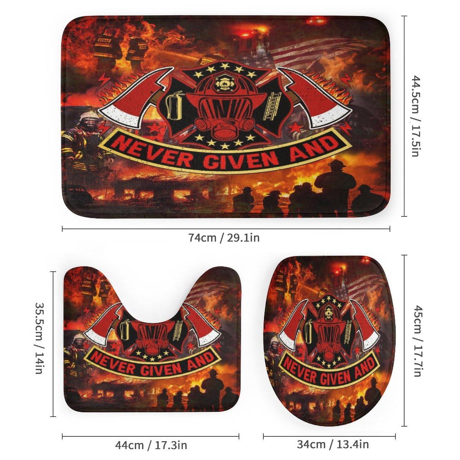 JretailAx Modern Hero Theme Fireman 4 Piece Shower Curtain Sets,Cool Modern Firefighter Burning Flame American Flag Non-Slip Rugs,Toilet Lid Cover and Bath Mat,Durable and Waterproof,for Bathroom Decor Set