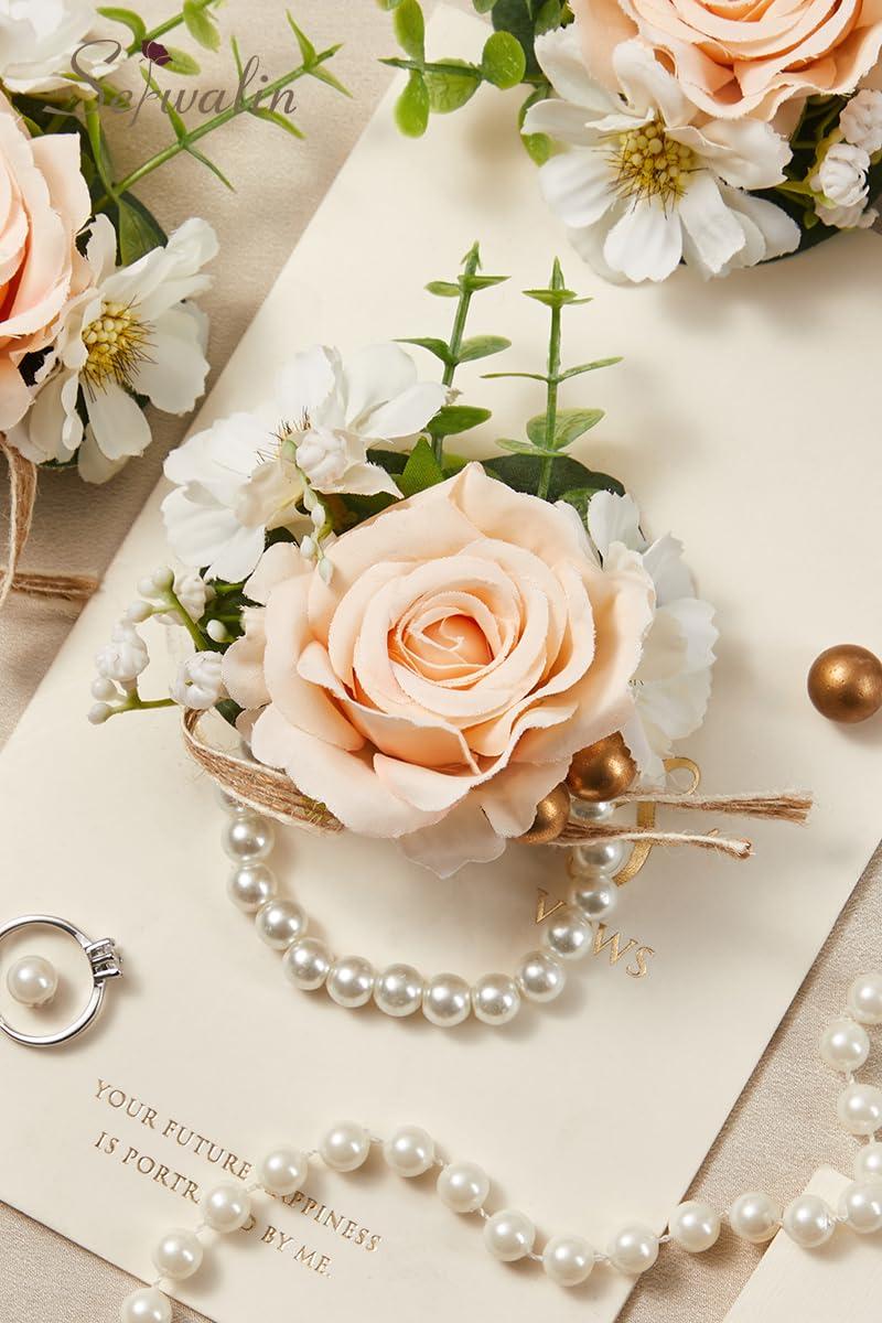 Serwalin Serwalin Champagne Corsage and Boutonniere Set, Champagne Rose Wrist Corsages for Wedding