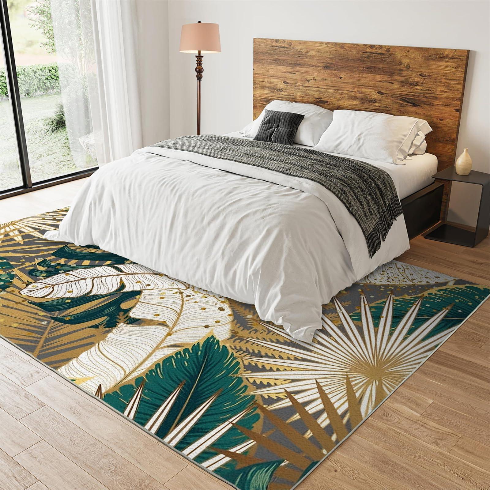 YAFAUJI Tropical Golden Green Palm Leaves Area Rug, Tropical Plant Leaves Home Decor Rug, Easy Clean Carpet with Anti-Slip Backing Durable for Bedroom Living Room Dining Room Office 5x6 ft