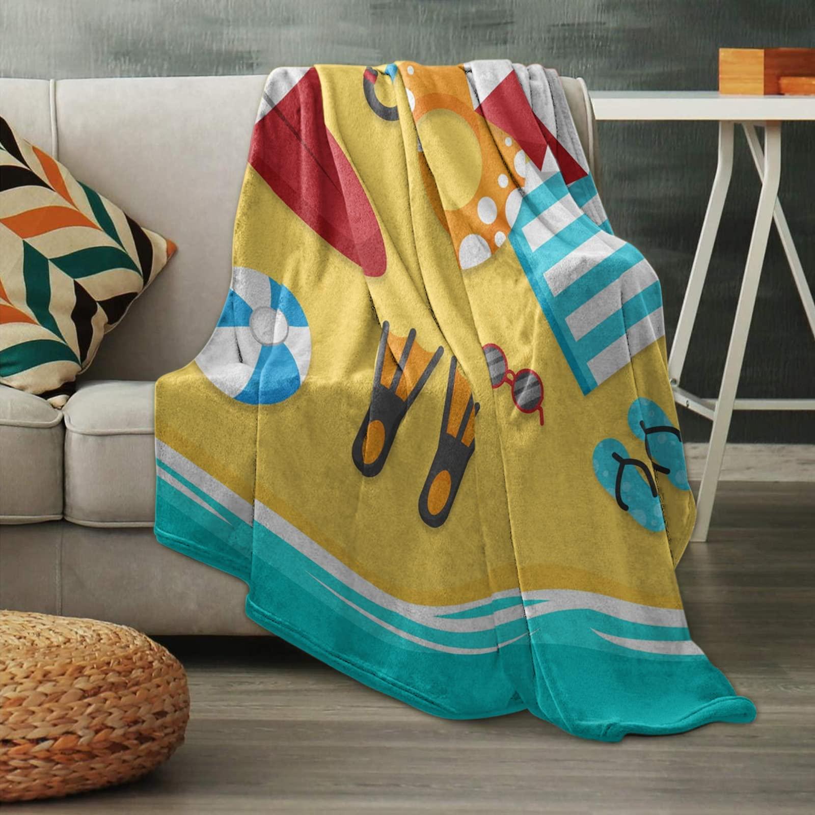 BOSIJOY Flannel Throw Blanket Ocean Summer Beach Ball Surfboard Swim Ring,Lightweight Soft Warm Fleece Blankets Sofa Couch Bedroom,Cartoon Marine Diving Flip-Flops Cozy Fuzzy Microfiber Throws 50x60In
