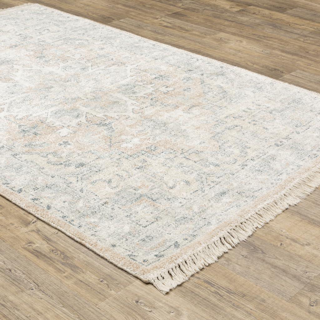 HomeRoots 10' X 13' Beige and Grey Oriental Hand Loomed Stain Resistant Area Rug with Fringe