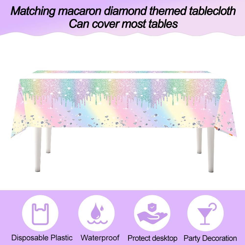 IPEWOEF Gradient Diamond Birthday Party Supplies Macaron Glitter Holographic Disposable Tableware Iridescent Party Decorations Paper Plates Napkins Banner Tablecloth for Girl Kid Baby Shower Wedding 10 Guests