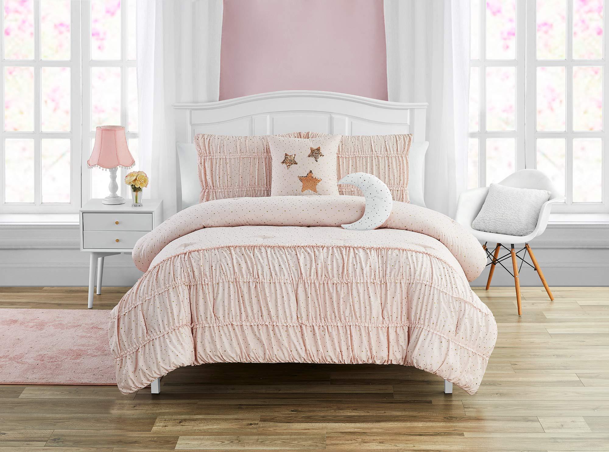 Madison Parker Mytex Celestial Princess Pretty 5-Piece Comforter set with gold metallic foil, Smocked texture, Girls, Teen bedding, Stars and Moons, Two Twinkling Decorative Pillows, Shabby Chic, Blush Pink, Full