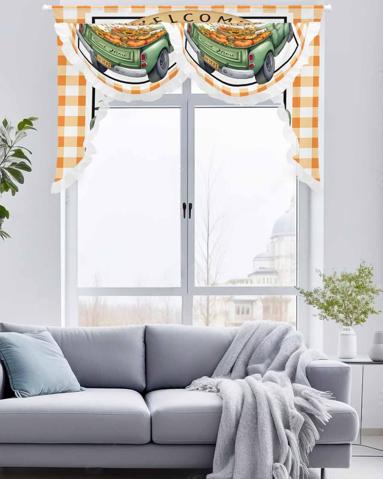 Edwiinsa Fall Green Truck Pumpkin Swag Waterfall Valance for Living Room/Bedroom, Window Curtain Valance Swag with Ruffles Thanksgiving Buffalo Plaid Orange Rod Pocket Tailored Swag Topper Curtains 59\'\'x41.3\'\'