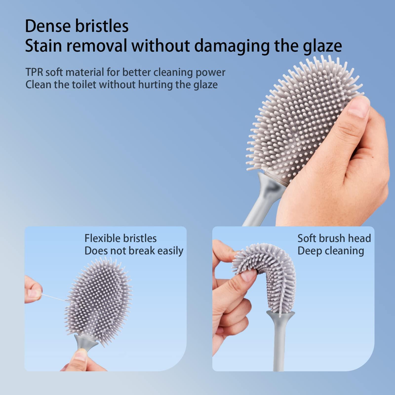 Homy Timy Silicone Toilet Brush - Soft Flat Toilet Brush and Holder,Silicone Flex Toilet Brush and Bathroom Crevices Brush, Compact Toilet Bowl Cleaner Brush Set, Wall Mounted/Floor Standing. (White)