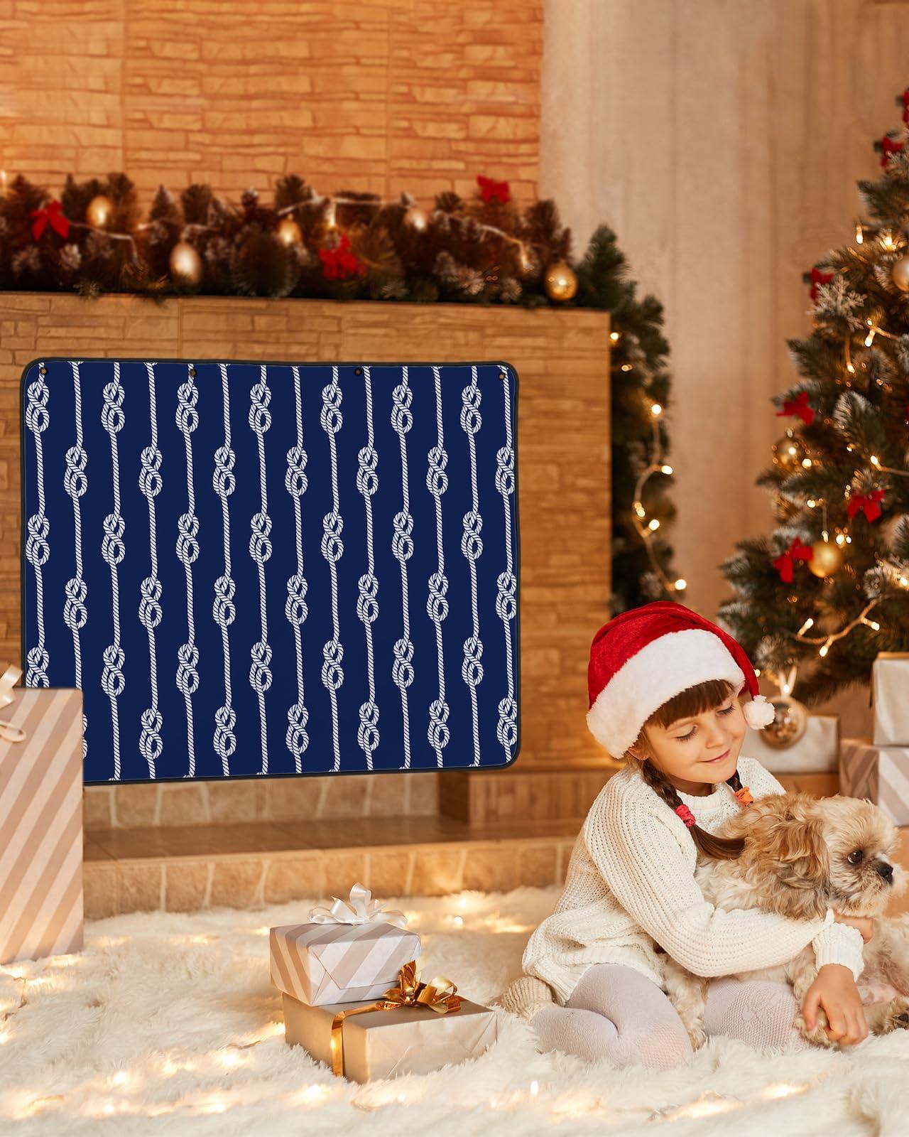 Shine-Home Nautical Knot Magnetic Fireplace Cover Decorative Indoor For Brick Fireplace, Insulation Fireplace Blocker Blanket Draft Stop Hot Heat Save Energy, Ocean Beach Sailboat Navy Blue 39\"Wx32\"H