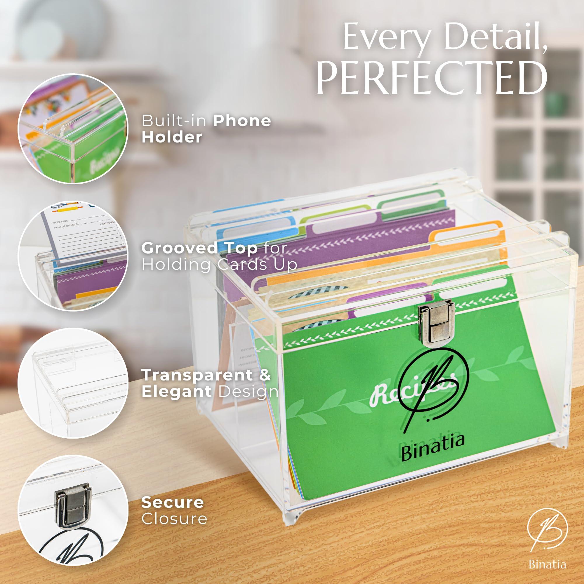 Binatia Recipe Box 50 Double-Sided Cards 4x6 Recipe cardsClear Acrylic Organizer with, Index Card Holder, Dividers, Bonus Recipe Book for Personalizing Your Own Recipes, Dimensions: 7.08\"x5.51\"x5.31\"