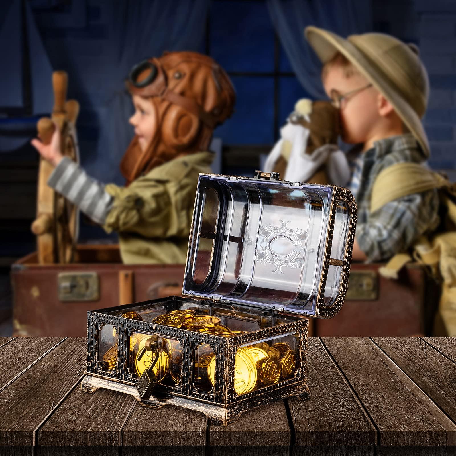 Pemalin Plastic Transparent Antique Pirate Treasure Box with Lock and Key, Treasure Toy Box Prizes for Kids, Pirate Party Decor