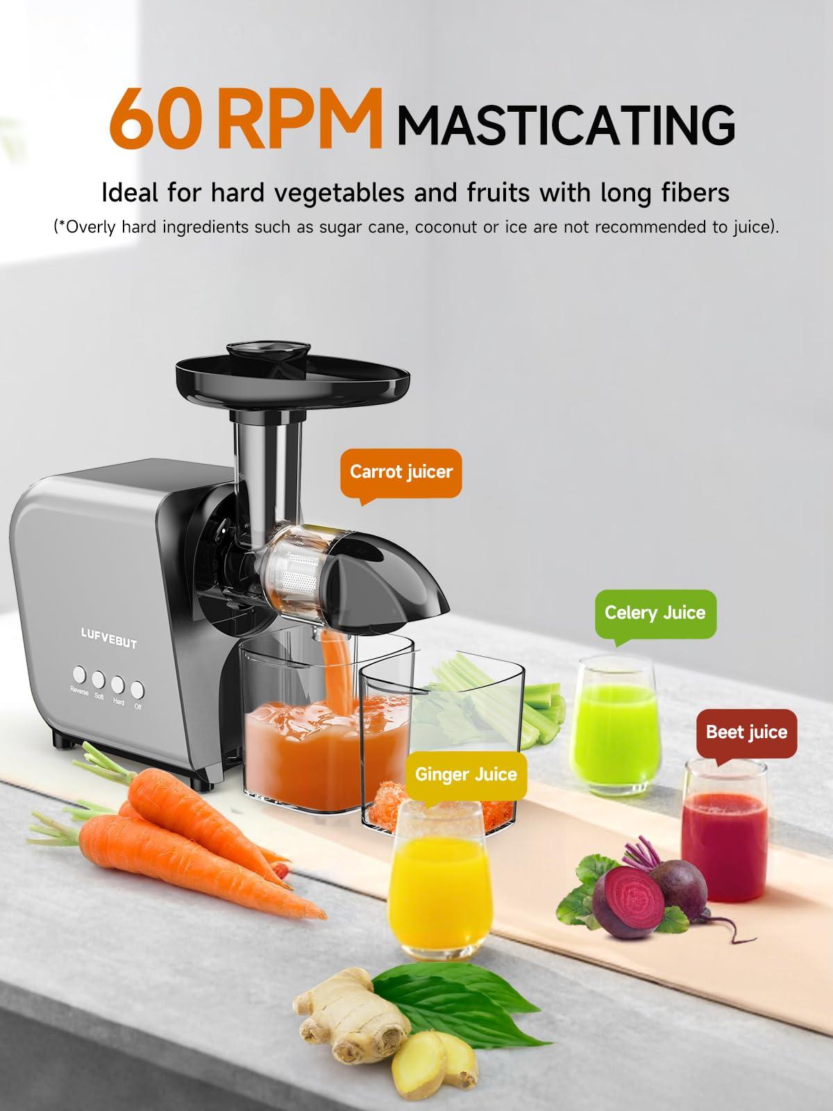 LUFVEBUT Slow Juicer Machine for Vegetables and Fruits Cold Press Masticating Juicer Extractor Celery Wheatgrass Leafy Greens Carrot Ginger Beet, Easy to Clean Juicer BPA-Free Reverse Function,Dishwasher Safe