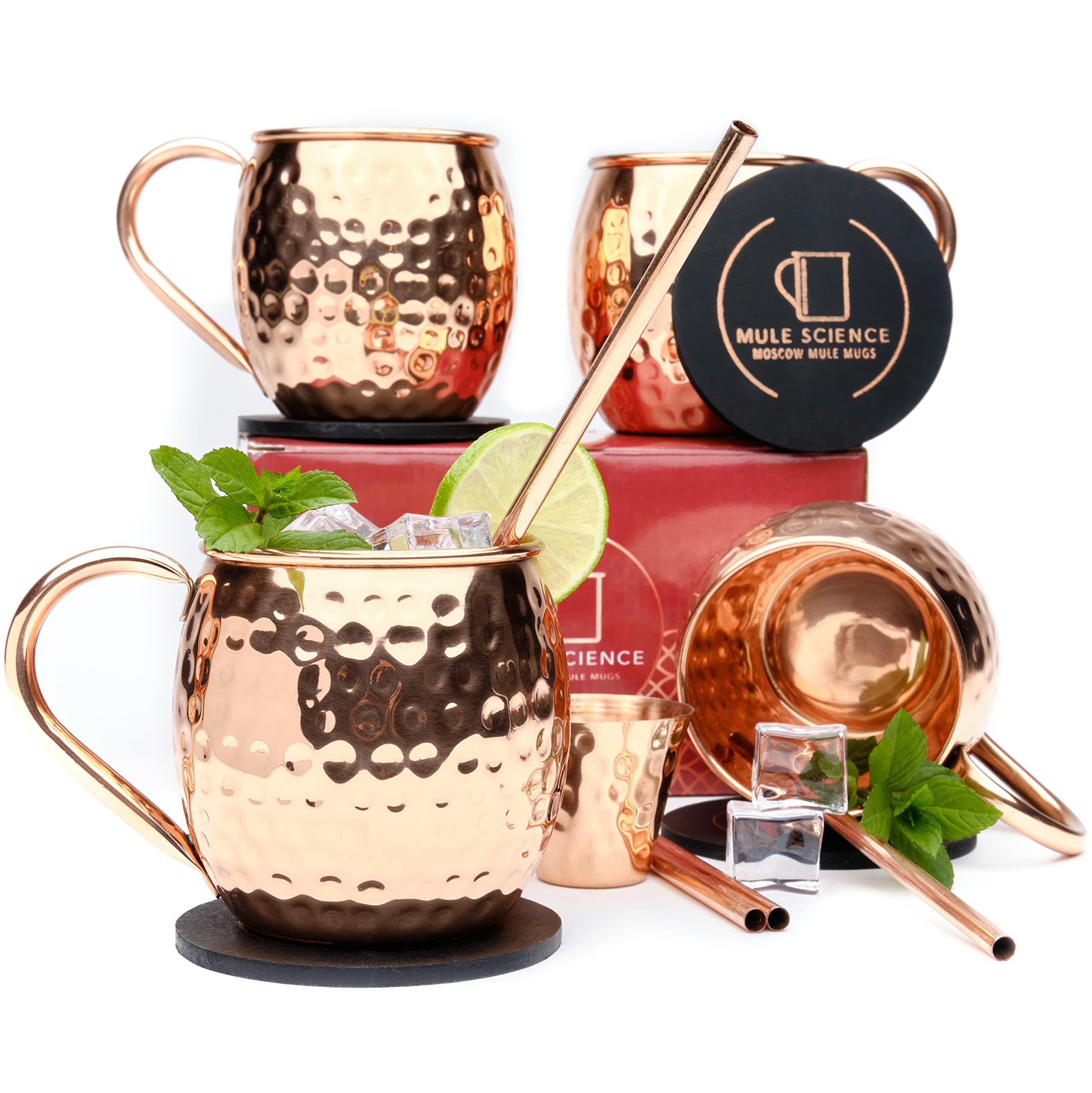 Advanced Mixology Advanced Mixology [Gift Set] Mule Science Moscow Mule Mugs Set of 4 (19 oz. large size) | 100% Handcrafted | Food Safe | Copper Mugs w/Accessories | Tarnish Resistant Copper Cups