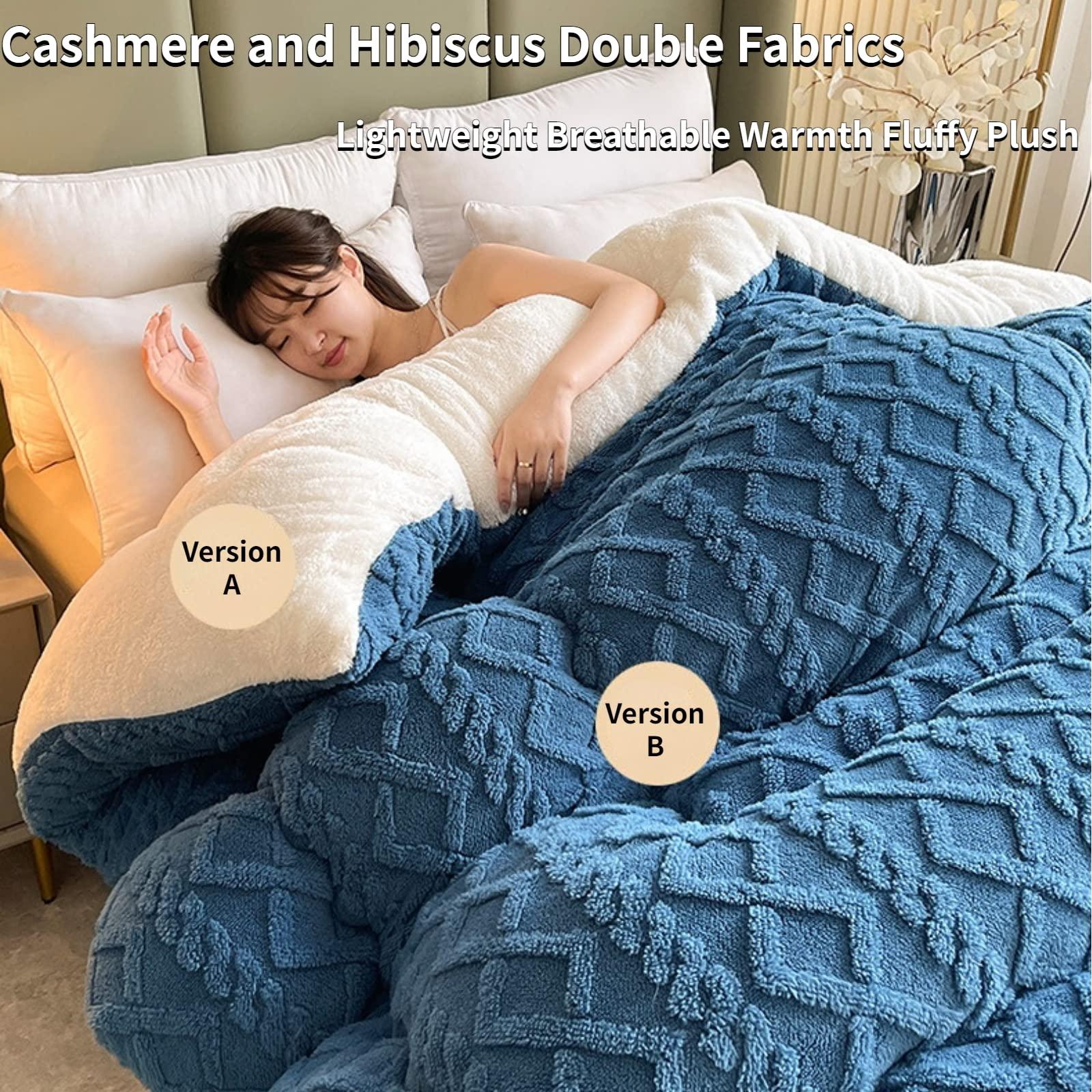 SOVILEE Thickened Super Soft Insulation Hibiscus Winter Quilt, Cashmere and Hibiscus Double Fabrics, Breathable Warmth Fluffy Plush Double Sided Velvet Blanket (Green,220 * 240cm/86.61 * 94.49in (5KG))