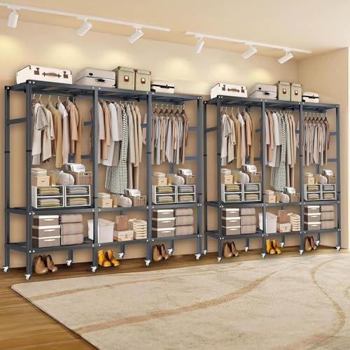 ZAIHW Garment Rack Walk In Closet Organizer Heavy Duty Clothes Rack Closet System with 3 Hanging Rods, 8 Wheels, 1600 LBS Load Capacity for Wardrobe, Freestanding Bedroom Armoire (215cm/84.6in)