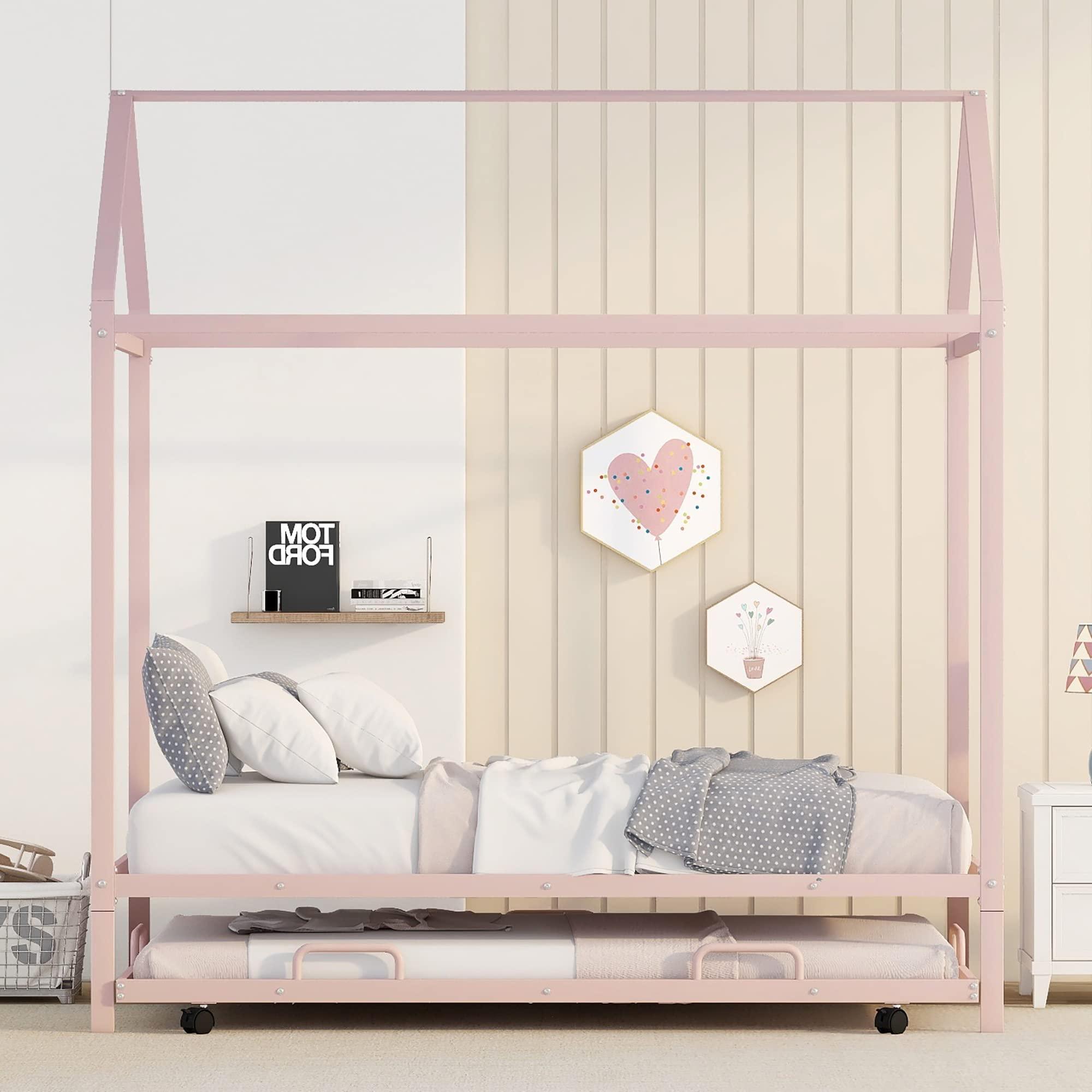 SkVLf Twin House Bed with Trundle, Bedroom Montessori Beds Metal 4 Poster Canopy Bed Frame Compatible with Dormitories Bedroom Teens, No Spring Box Needed, Twin Size Pink Queen Bed