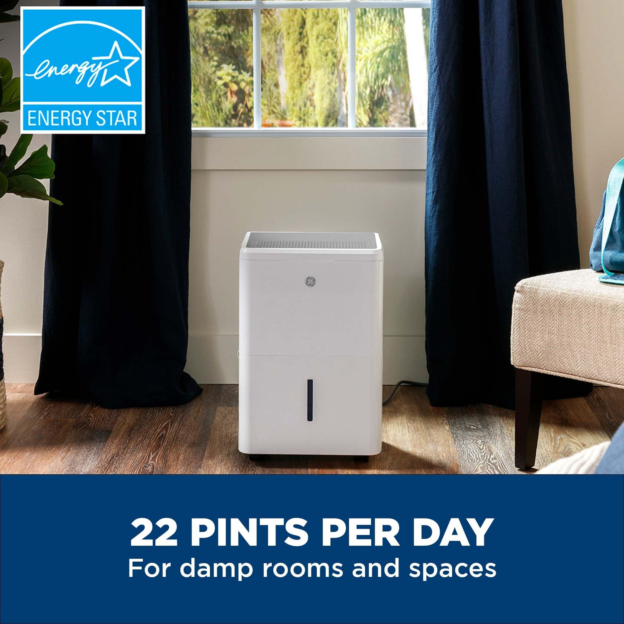 GE Lighting GE Energy Star Portable Dehumidifier for Basement, Bedroom, Bathroom, Closet or Small Rooms up to 1500 Sq Ft, 22 Pint with Removable Bucket and Continuous Drain Connect for Auto or Manual Drainage