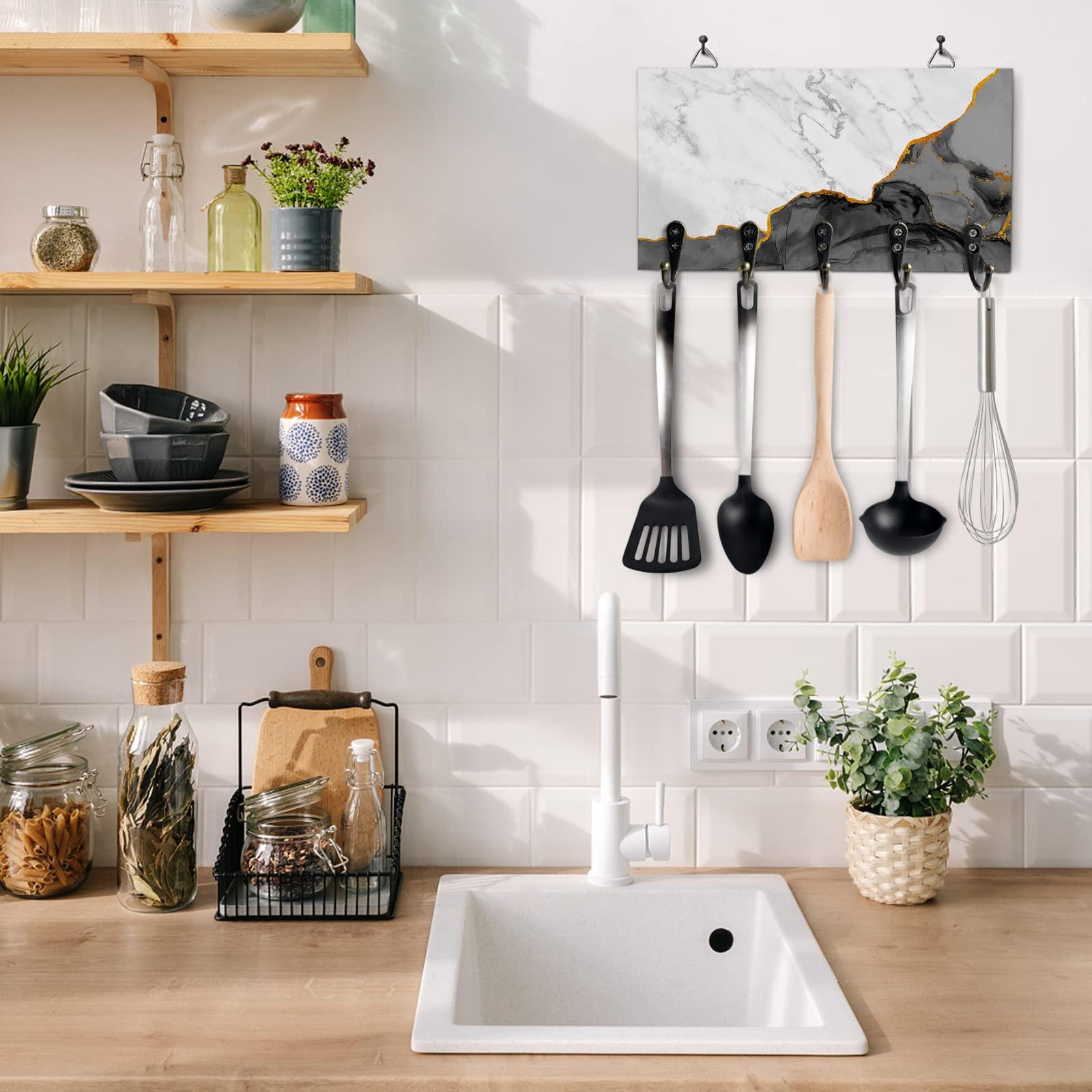 FortuneHouse8 Key Holder for Wall Black Grey Marble Decorative Key Hanger for Wall White Modern Abstract Art Luxurious Wall Mounted Key Racks with 5 Key Hooks Wood Key Holder for Entryway Hallway Doorway Office