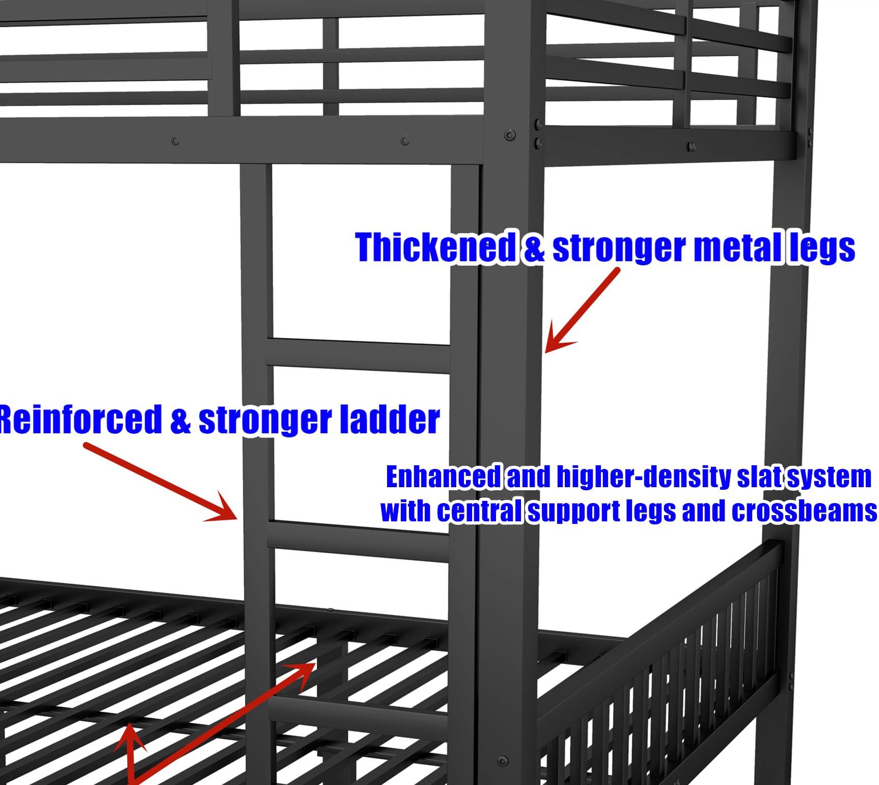 SIGONE SIGONE Stronger and Safer Metal Steel Bunk Bed Frame Queen Over Queen Size, Heavy Duty More Stable Thickened Black Metal Bunk Queen Bed (Easier to Assemble) (Queen Over Queen)
