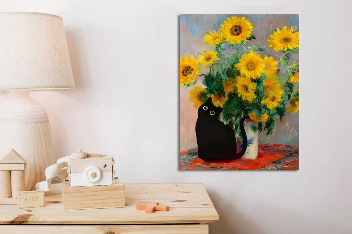 FOSULA Monet Cat Wall Art - Claude Monet Cat Wall Art Prints - Cat Monet Art - Monet Sunflowers Cat Canvas Print - Claude Monet Cat Poster - Monet Sunflowers Cat Wall Decor - Framed Ready to Hang