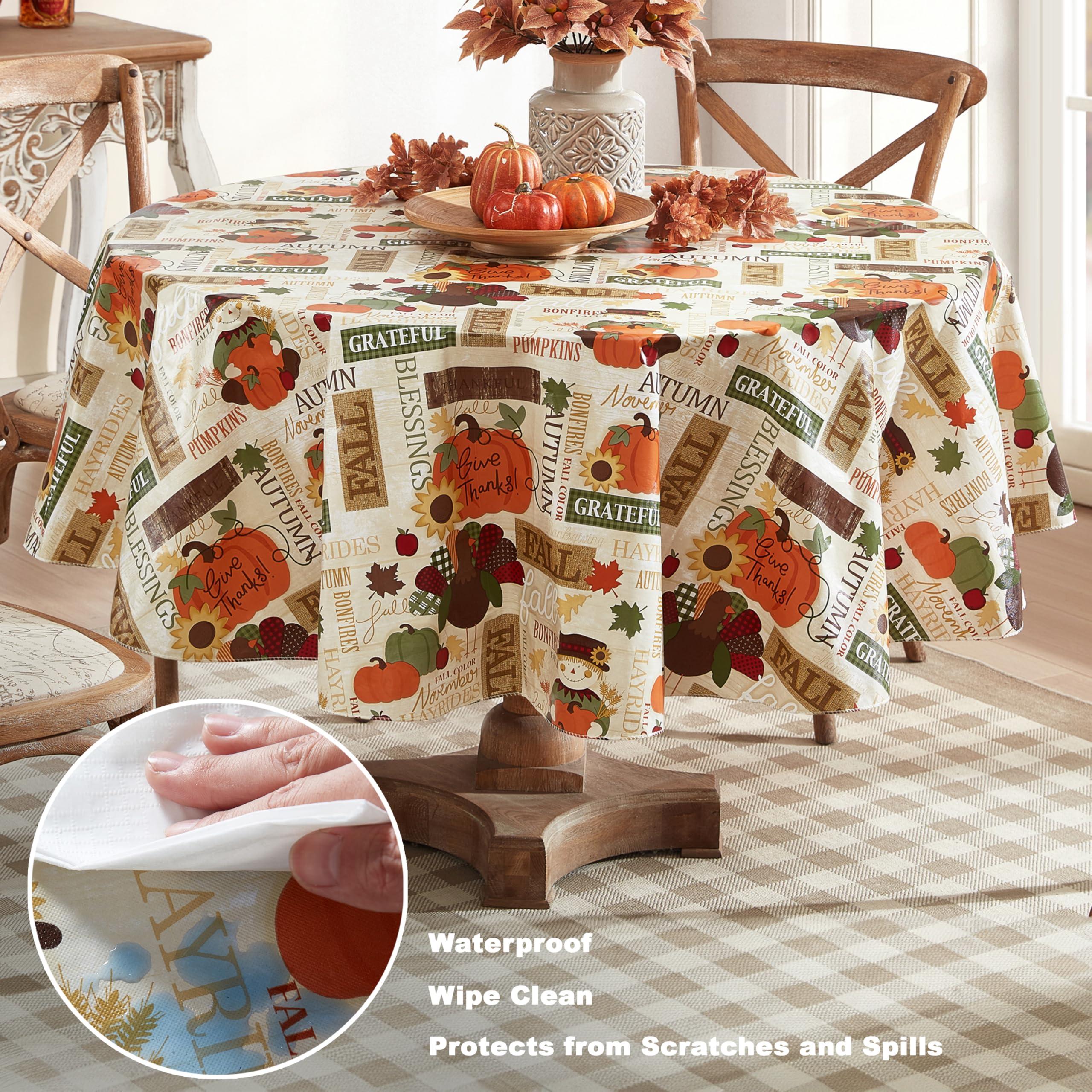 Newbridge Newbridge Fall Hayride and Happy Scarecrow Thanksgiving Vinyl Flannel Backed Tablecloth, Gingham Turkeys and Pumpkin Rustic Autumn Vinyl Tablecloth with Flannel Backing, 70 Round