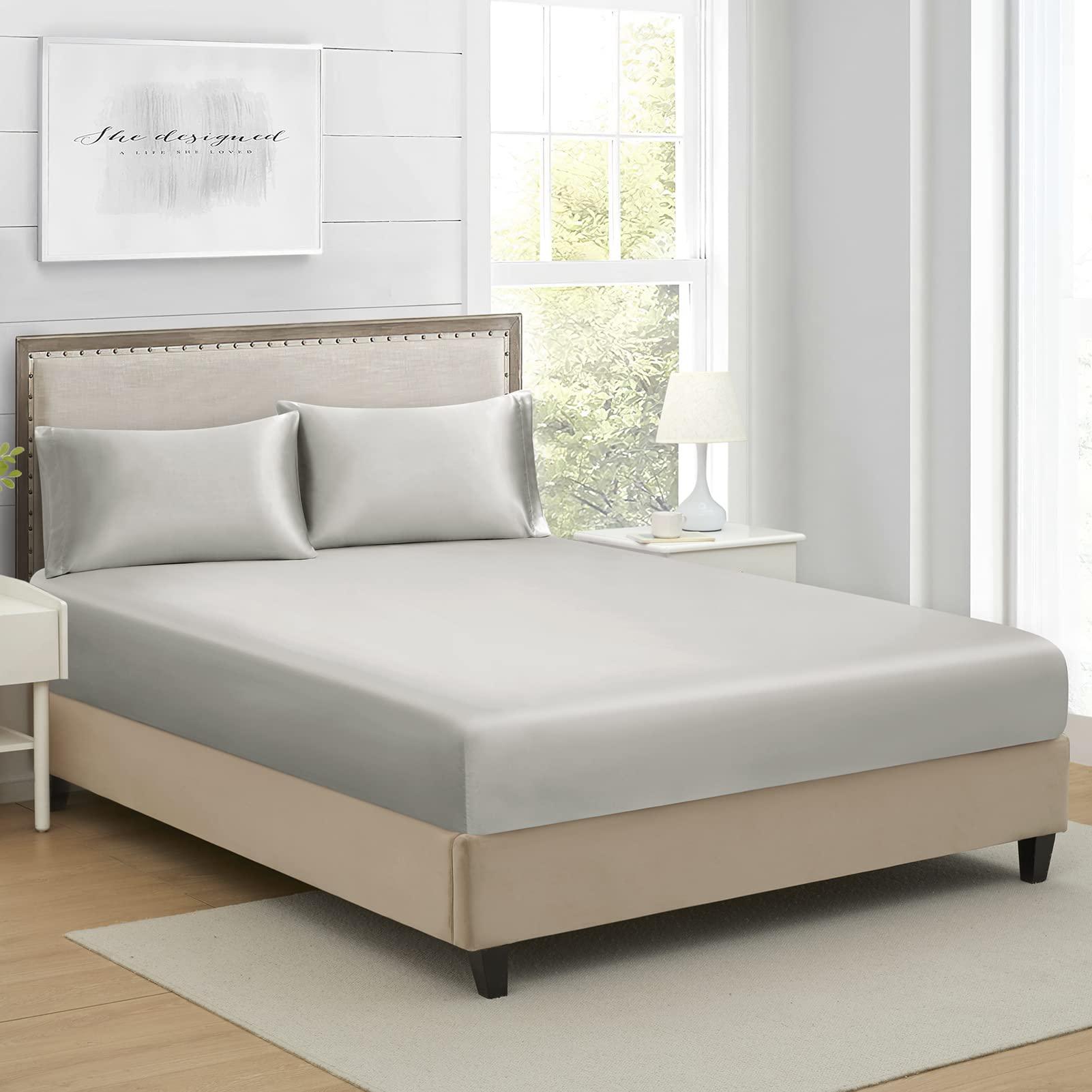 Ammara Linen Ammara Linen Twin Extra Long Silk Satin Fitted Sheet Bottom Bed Sheets 14 Inch Deep Pocket Wrinkle Free Non Fading Breathable Easy Fit Fully Elasticized - Silver