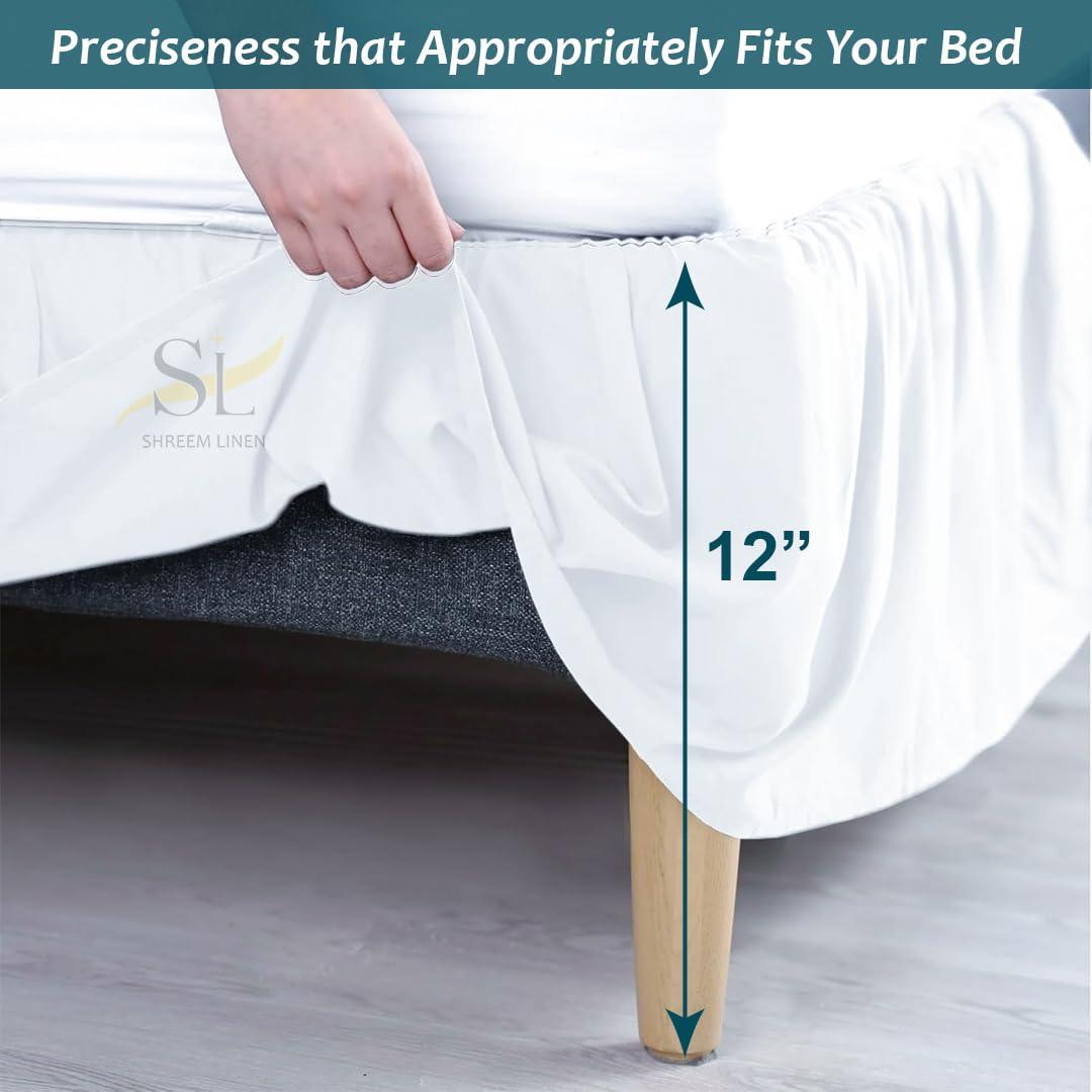 Shreem Linen Ruffled Bed Skirt with Split Corners, Gathered Style, 100% Microfiber-12 Drop, Dust Ruffle Bed Skirts Short Queen, White