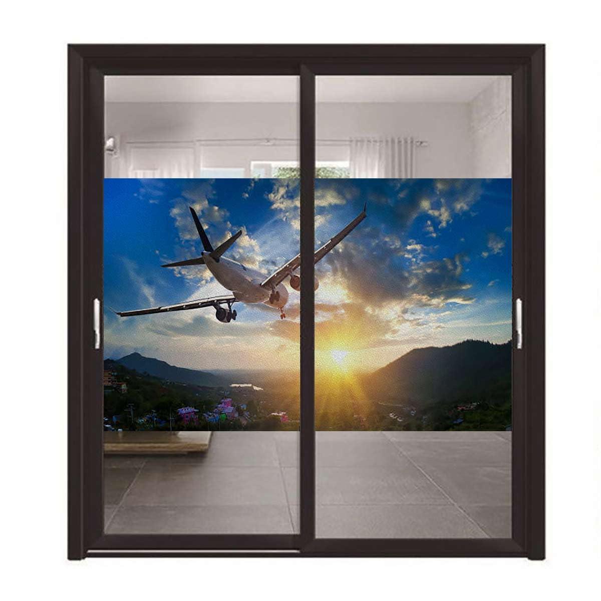 MizuH MizuH Window Stickers Insulated Vinyl Window Film Travel Privacy Window Film Stained Glass Sliding Door Sticker Plane on Air Night Scene Over City Image 17.7 W x 23.6 L lnch Orange Blue
