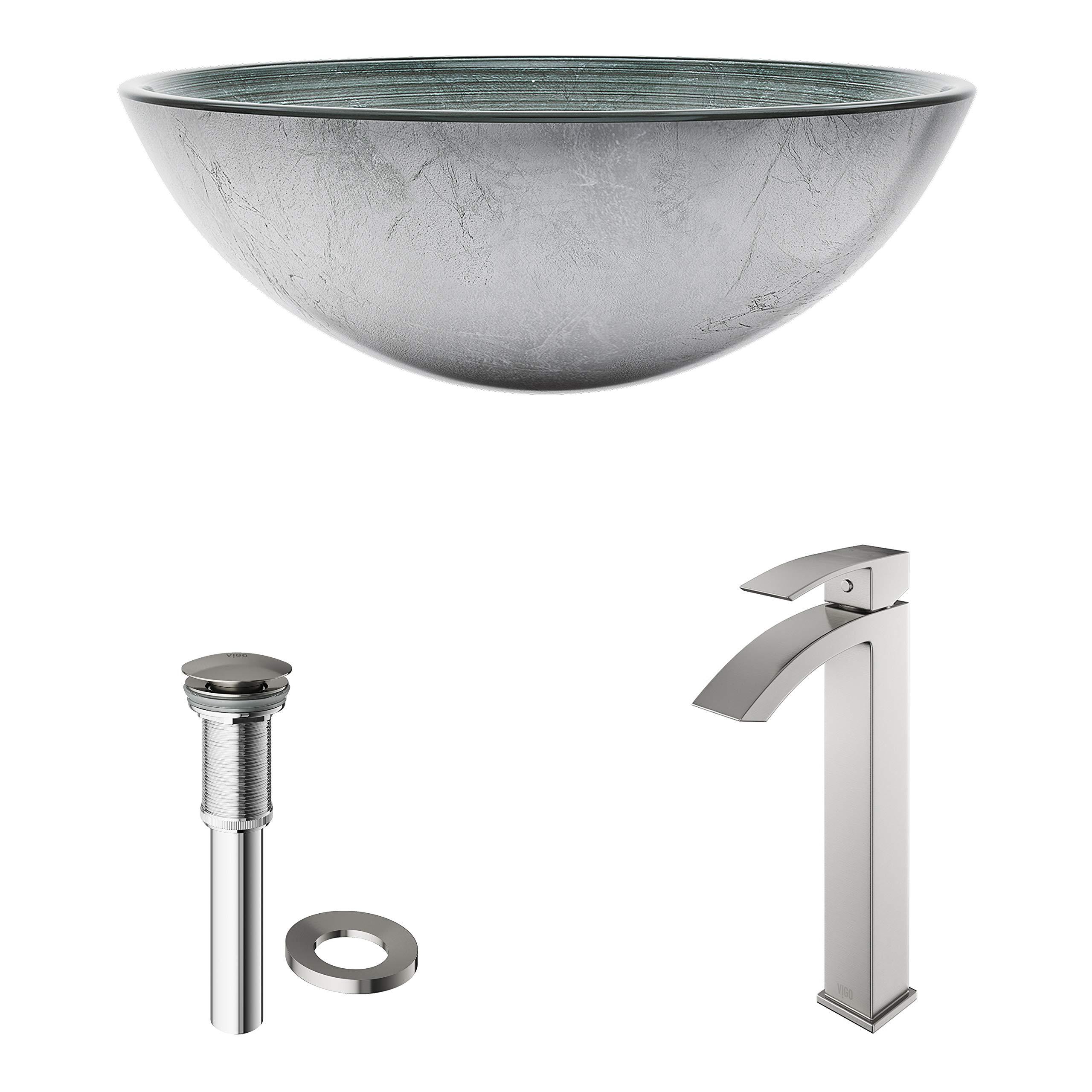 VIGO VIGO 17\" L -17\" W -12\" H Giovanni Glass Round Vessel Sink Set in Silver with Faucet and Drain -VGT603
