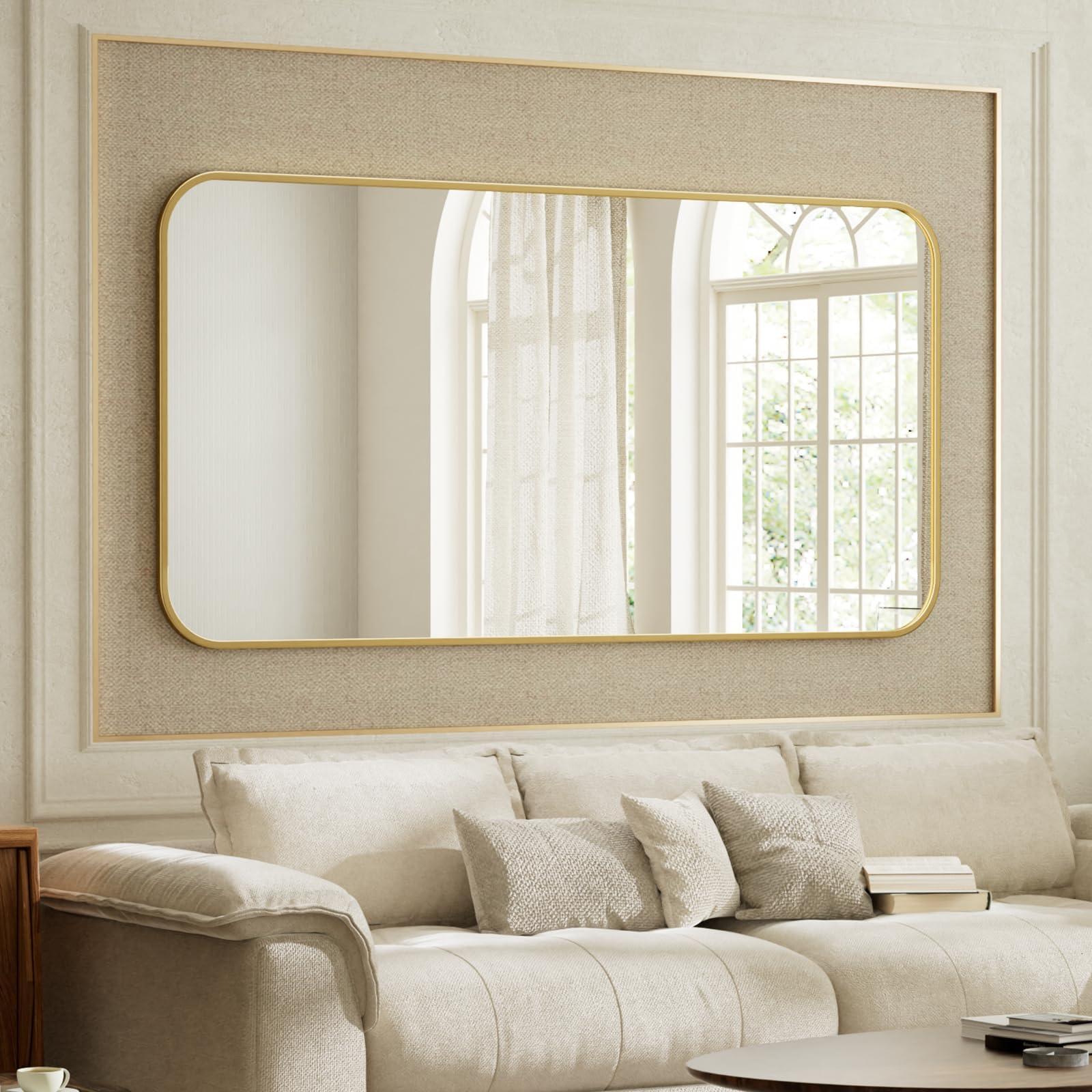 BEAUTYPEAK BEAUTYPEAK 26" x 38" Rectangular Aluminum Alloy Frame Wall Mounted Bathroom Mirror with Rounded Corners, Gold