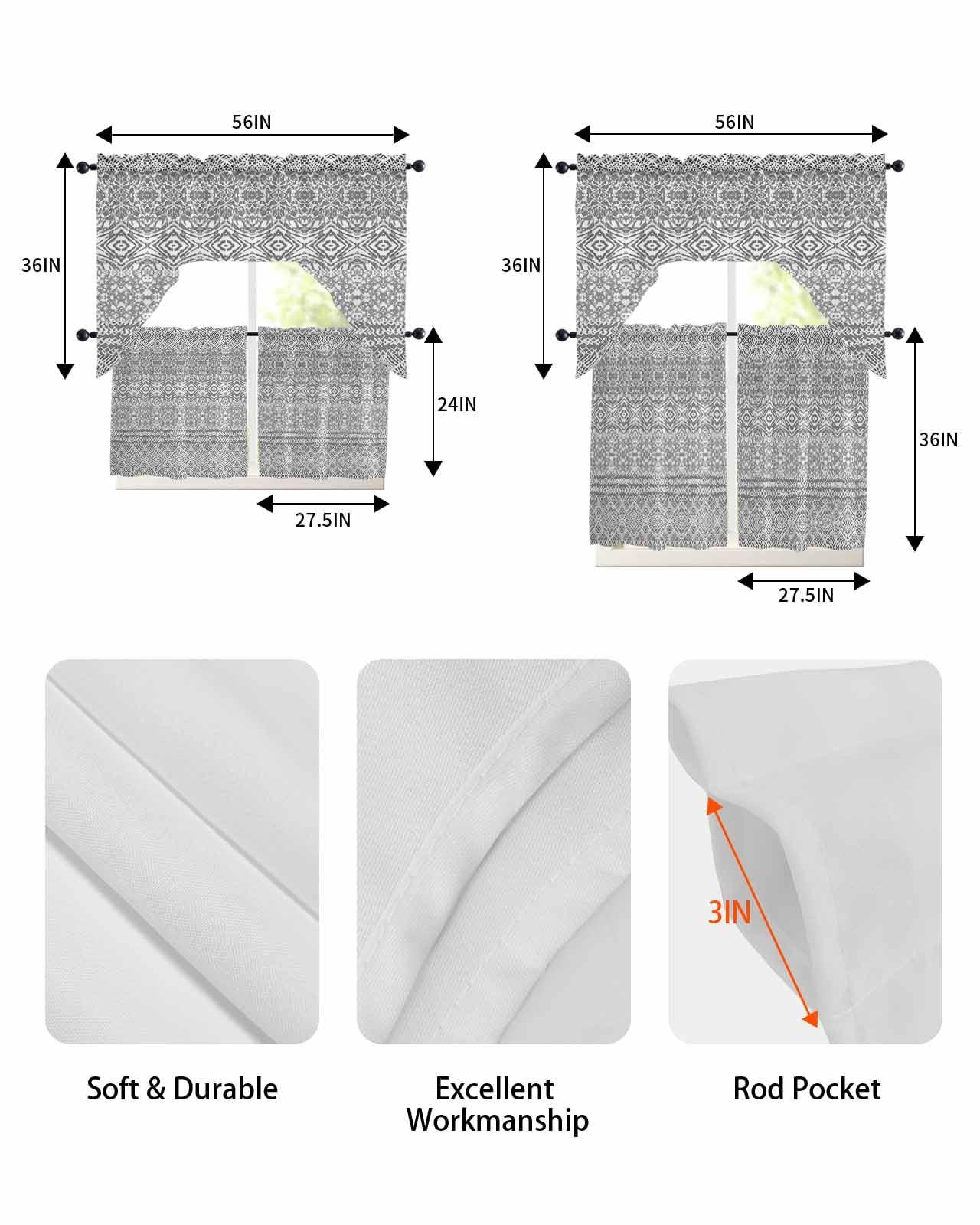 Onekaccu Gray Boho Swag Curtains Valance and Tier Set,Rod Pocket Curtain Drapes for Bathroom Over Sink Kitchen Curtains 3 Piece Set Gradient Batik Aesthetics Bohemian Tie Dyeing Mandala Swag Valances 24\" Tiers