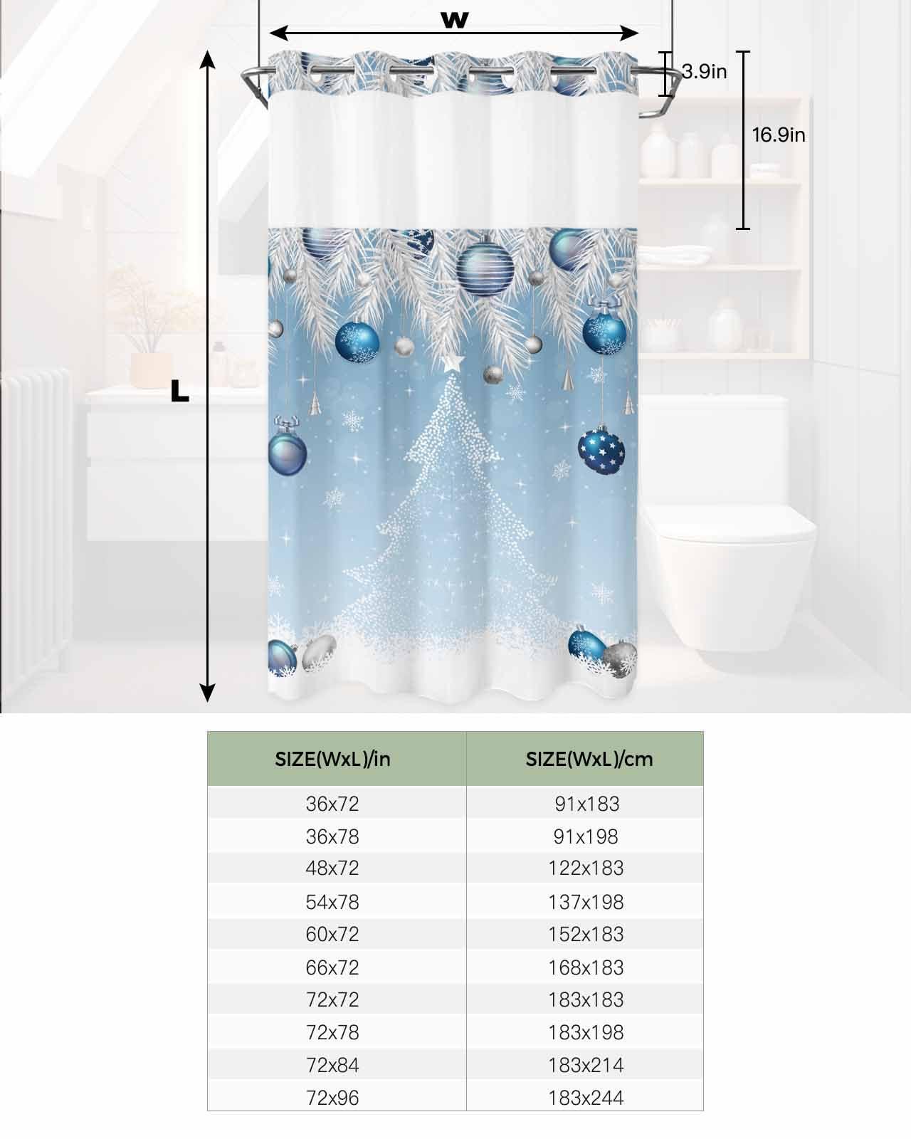 Edwiinsa No Hook Shower Curtain and Snap in Liner Set, Blue Christmas Fabric Bathroom Stall Shower Curtains 54x78 Inch, See Through Mesh Top Window, Xmas Tree Snowflake Balls Hotel Style, Washable Waterproof