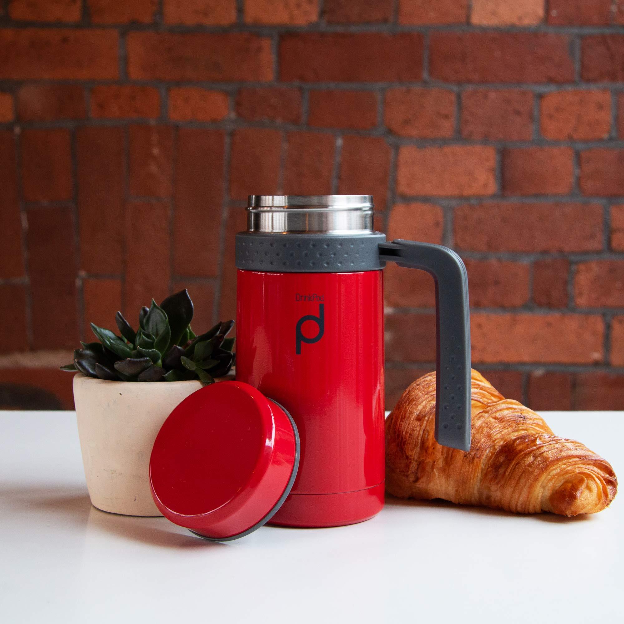 DRINKPOD DrinkPod Pioneer Stainless Steel Vacuum Insulated Leak-Proof Capsule Flask 6 Hours Hot 24 Hours Cold, Red, 0.45 Litre