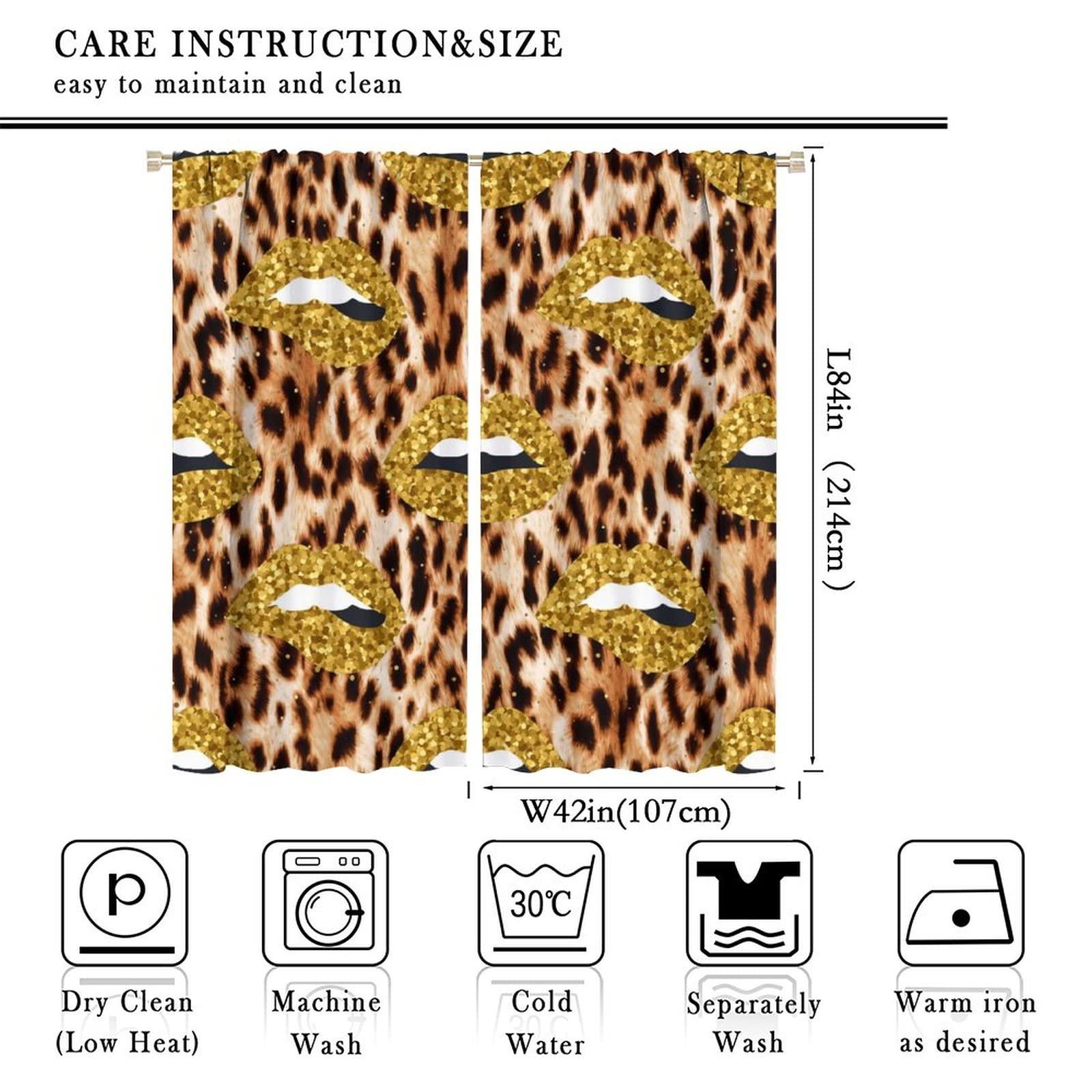 AuiMzoo Lips Curtains, Gilt Sexy Lips African Wildlife Cheetah Leopard Print Theme, Women Women Bedroom Living Room Blackout Curtains, Set of 2 Panels,84X84 Inch