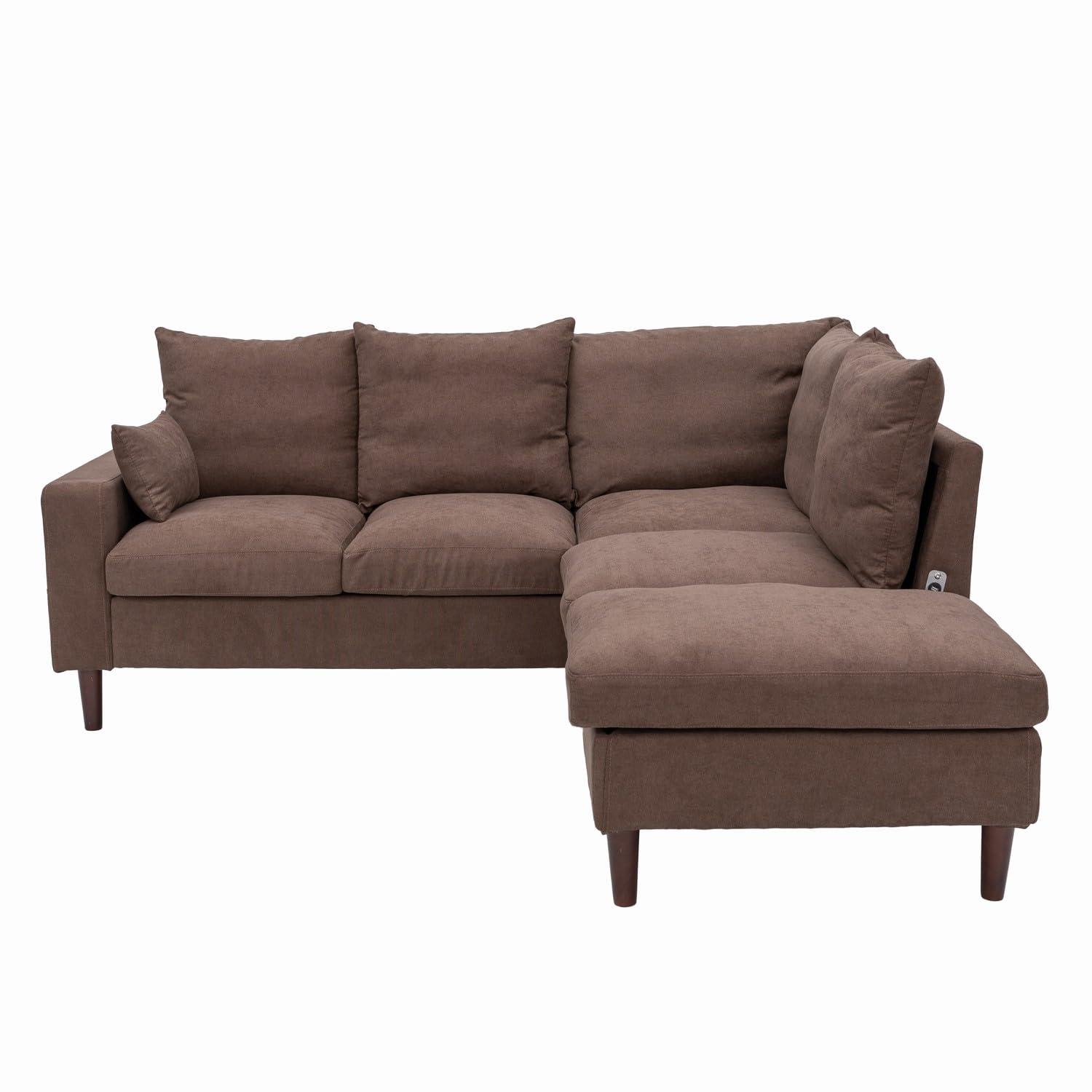 Panana Living Room Furniture Sectional L-Shaped Sofa with Built-in USB Port,Universal Corner Couch Extra Wide Chaise (Brown Linen Fabric, 5 Seater with Built-in USB Port - Track Arm)