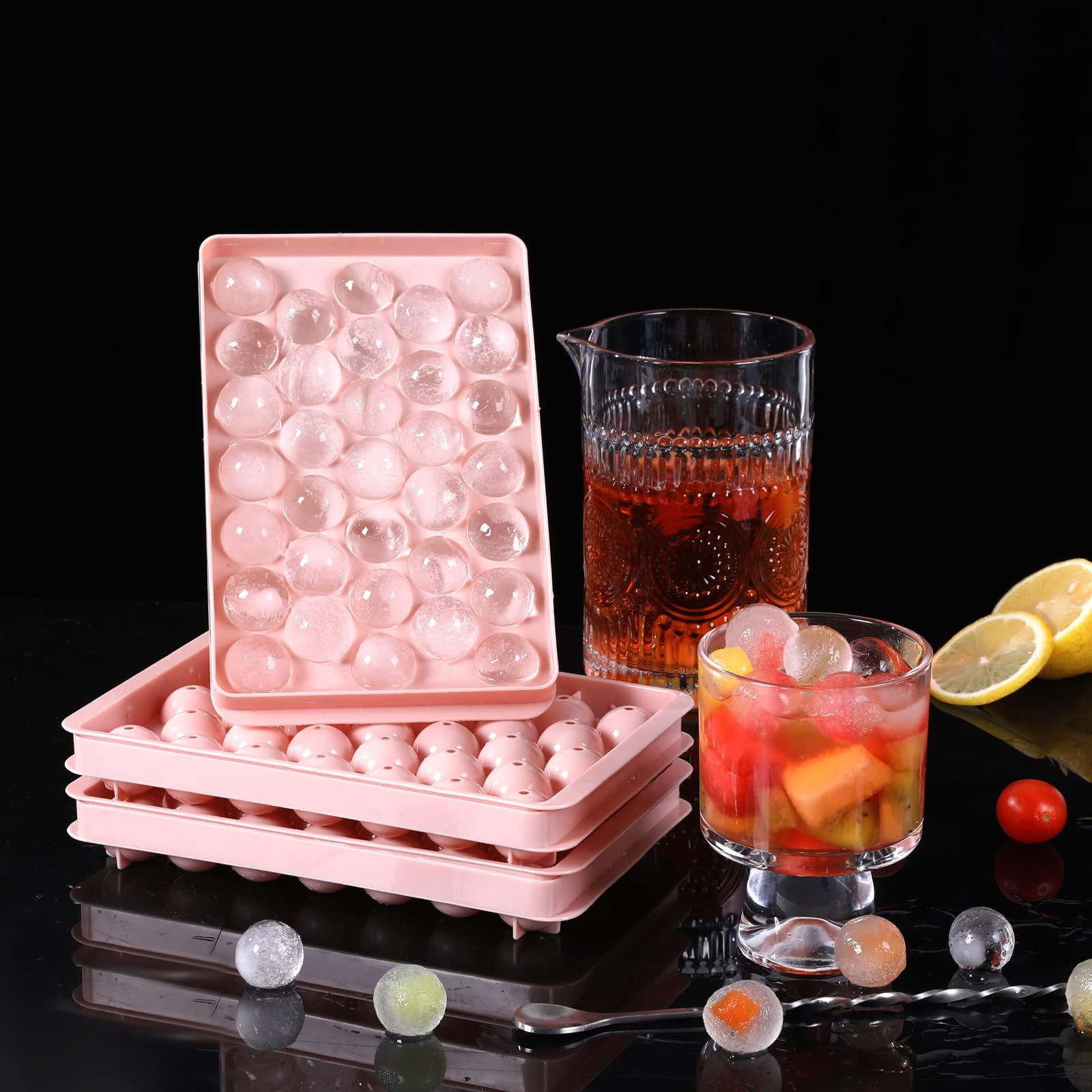 Volpeblu Round Ice Cube Trays 3 Pack Circle Ice Ball Maker Mold Small Round Ice Cube Trays for Freezer with Lid & Bin Mini Sphere Ice Tray for Cocktail Coffee Juice Chilled Whiskey (Pink)