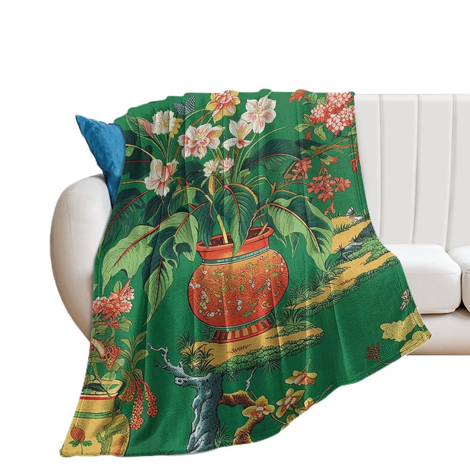 MangGou MangGou Ming Vase Green Fleece Blanket Chinoiserie Green Vase Flower Blanket Japanese Asian Style Sofa Bed Throw Blanket Warm Soft Flannel Blankets 30x40in Winter Christams Gift