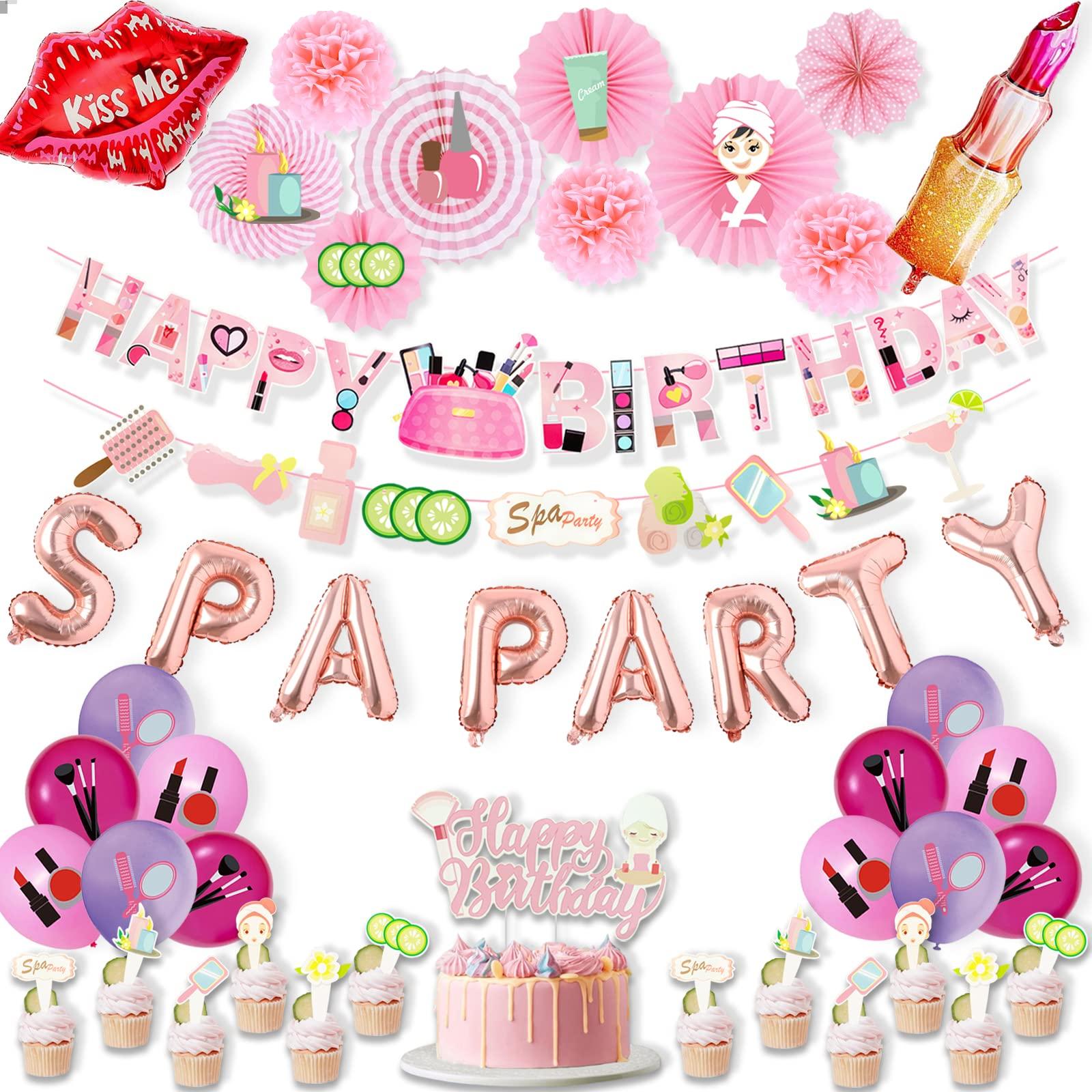 Hombae Hombae Spa Party Supplies for Girls, Spa Makeup Birthday Party Decorations Pink Spa Day Salon Themed Lipstick Cosmetics Fan Cutout Pom Happy Birthday Banner Balloon Cake Cupcake Topper