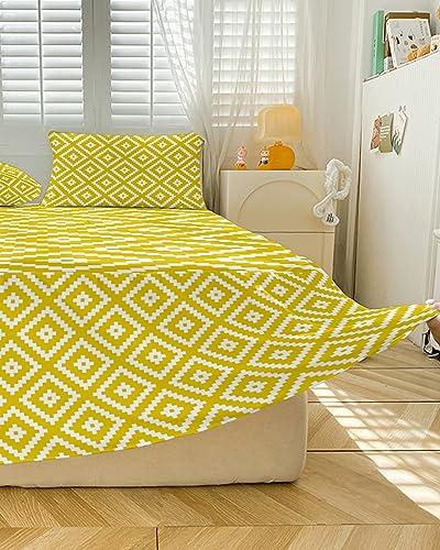 PRINT PICTURE ARTHOME Bed Skirt Full Size 18 Inch Drop, Yellow Wrap Around Bed Skirts Set - 1 Bed Sheet & 2 Pillowcase(30\"x20\"), Geometric Square Texture Dust Ruffle Bedding Sets