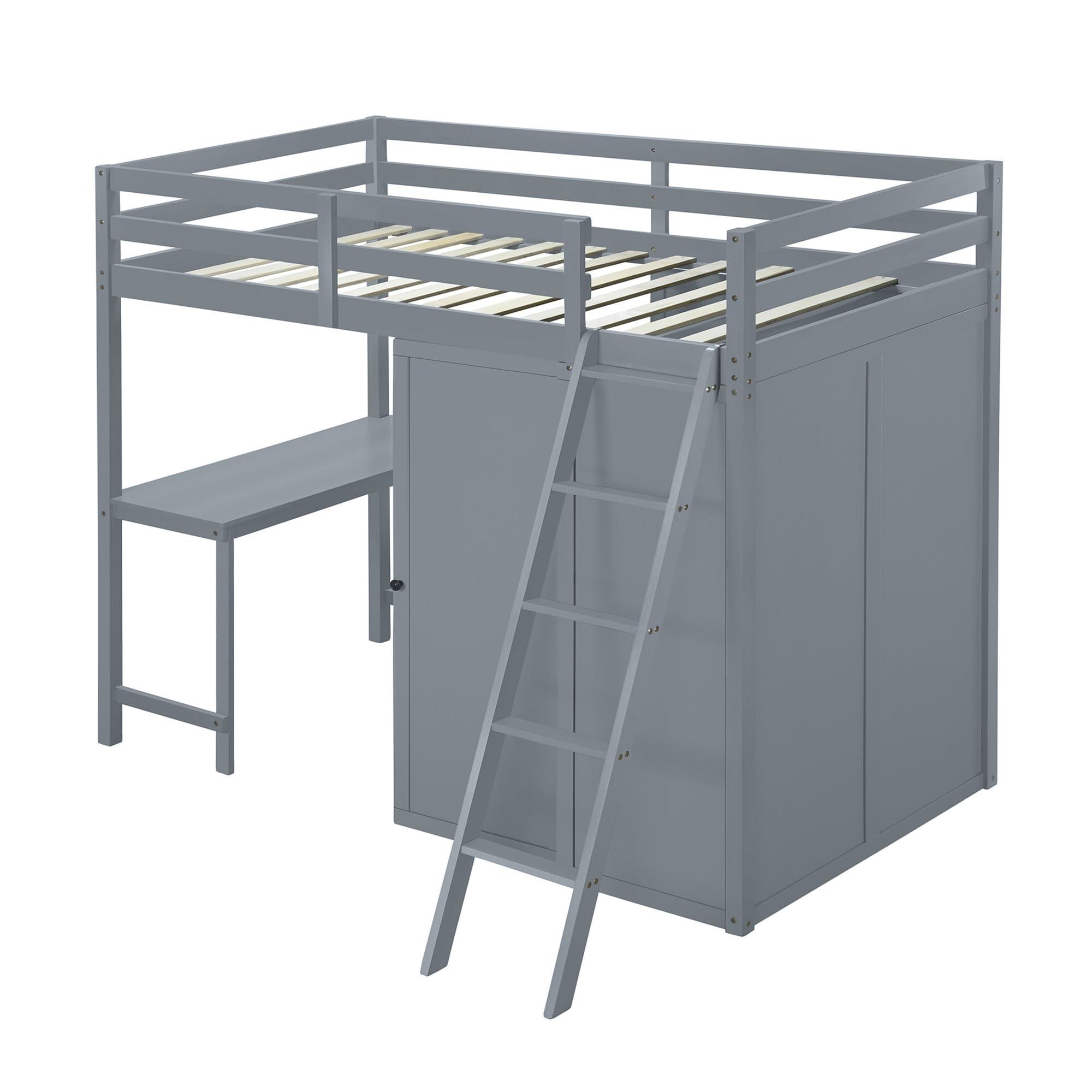 PAHKEN PAHKEN Wood Loft Bed with Wardrobe and Desk,Twin Bed Frame