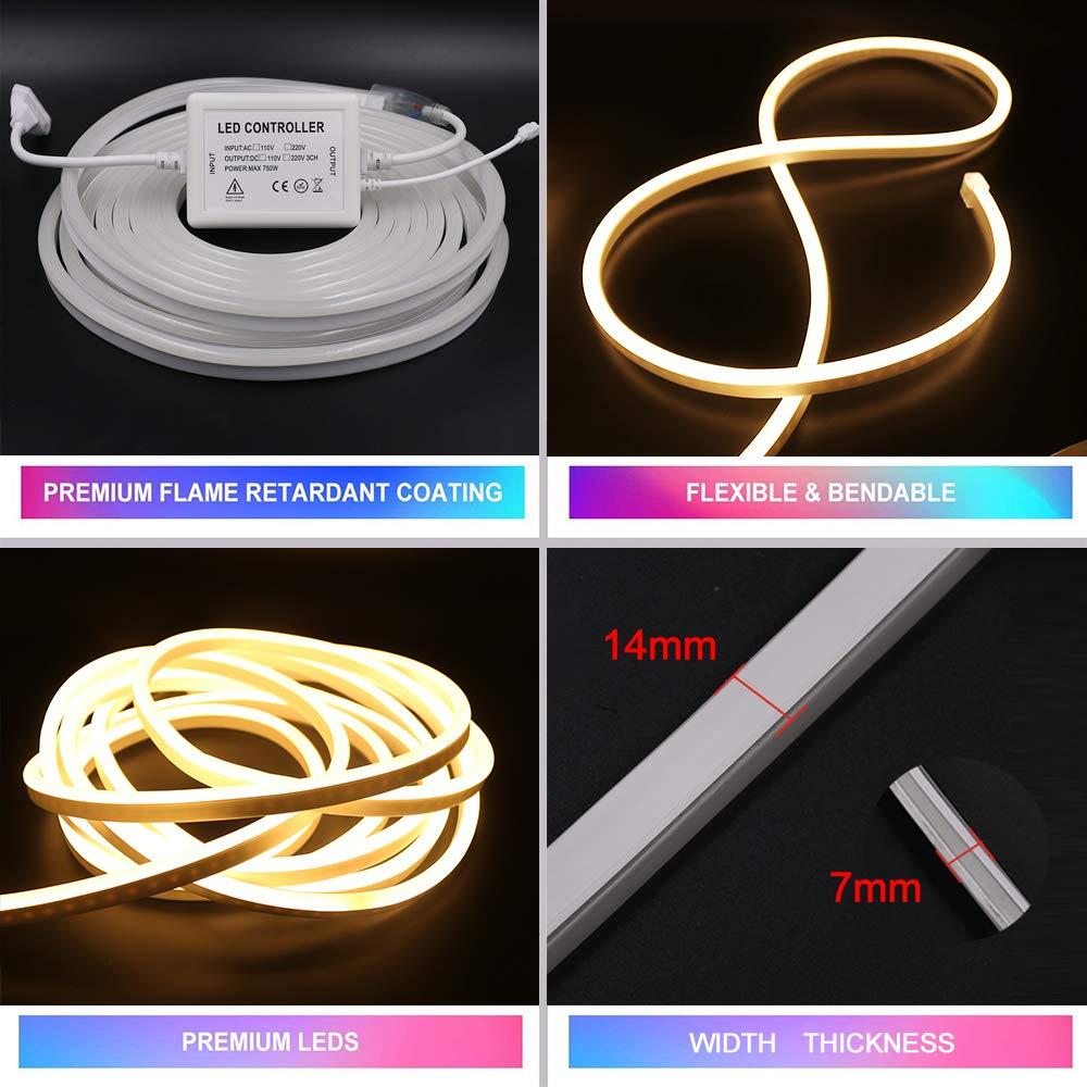 XUNATA XUNATA LED Neon Light, Dimmable AC 110-120V Flexible LED Neon Strip Lights, 120 LEDs/M, 66ft/20m Waterproof 2835 SMD LED Rope Light + Remote Controller for Party Decoration(Yellow)