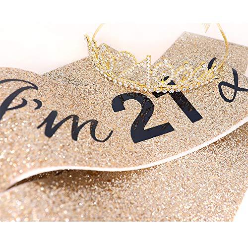 ADBetty \"I\'m 21 Bitches!\" Sash & Rhinestone Tiara Set - 21st Birthday Gifts Birthday Sash for Women Fun Party Favors Birthday Party Supplies (Gold Glitter with Black Lettering)