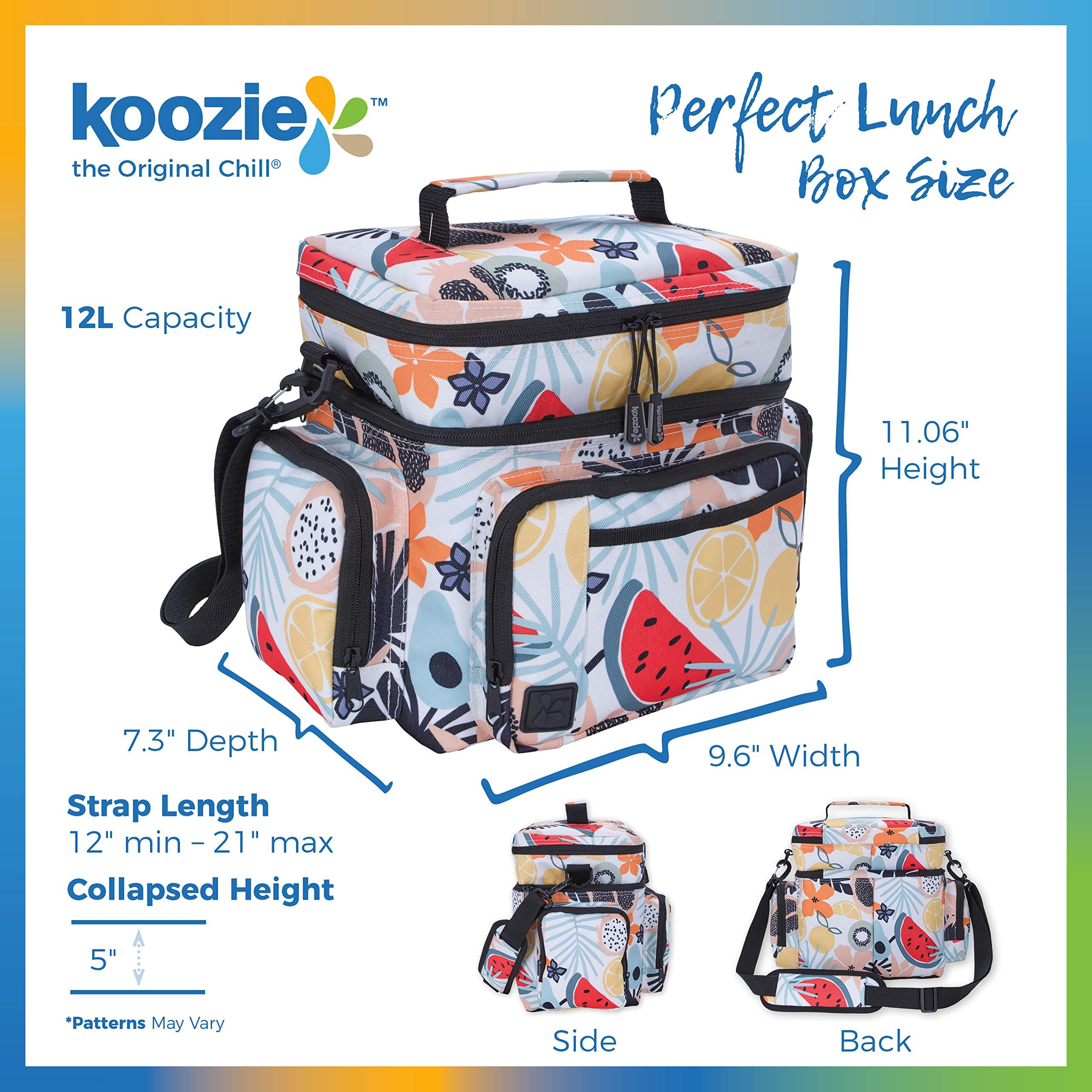 KOOZIE KOOZIE Dual Compartment Cooler Lunch Bag for Women - Large Double Decker Insulated Lunch Box with Removable Shoulder Strap - Resuable Lunch Tote for Work, Travel, Beach, Picnic (Tutti Fruitti)