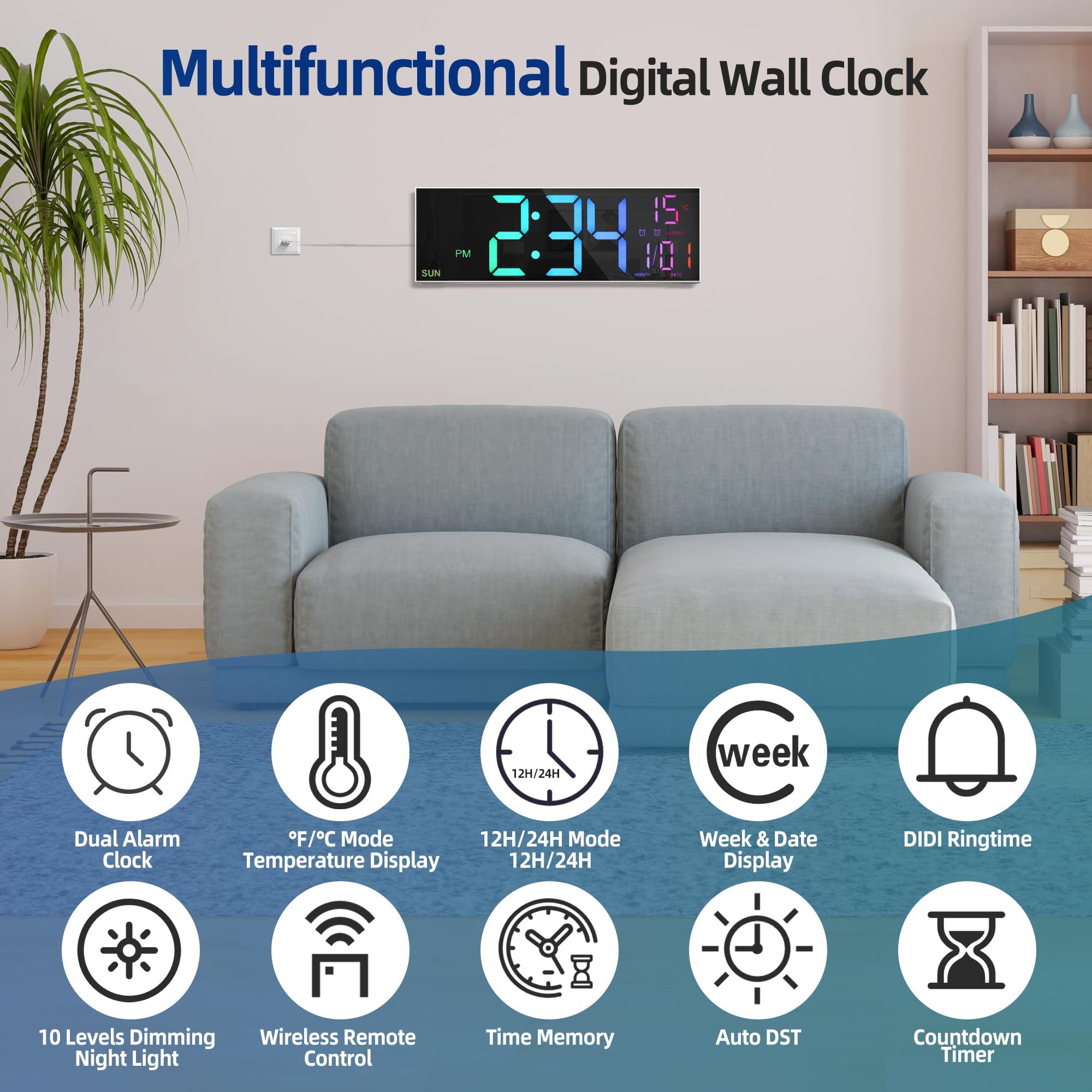 LEIKE LEIKE 16.2\'\' Large Digital Wall Clock with Remote Control, Big LED/Dual Alarm/8 RGB Colors/Auto Brightness/Date/Auto DST/Temperature/Night Light Gym Clocks for Living Room Bedroom Office Wall Decor