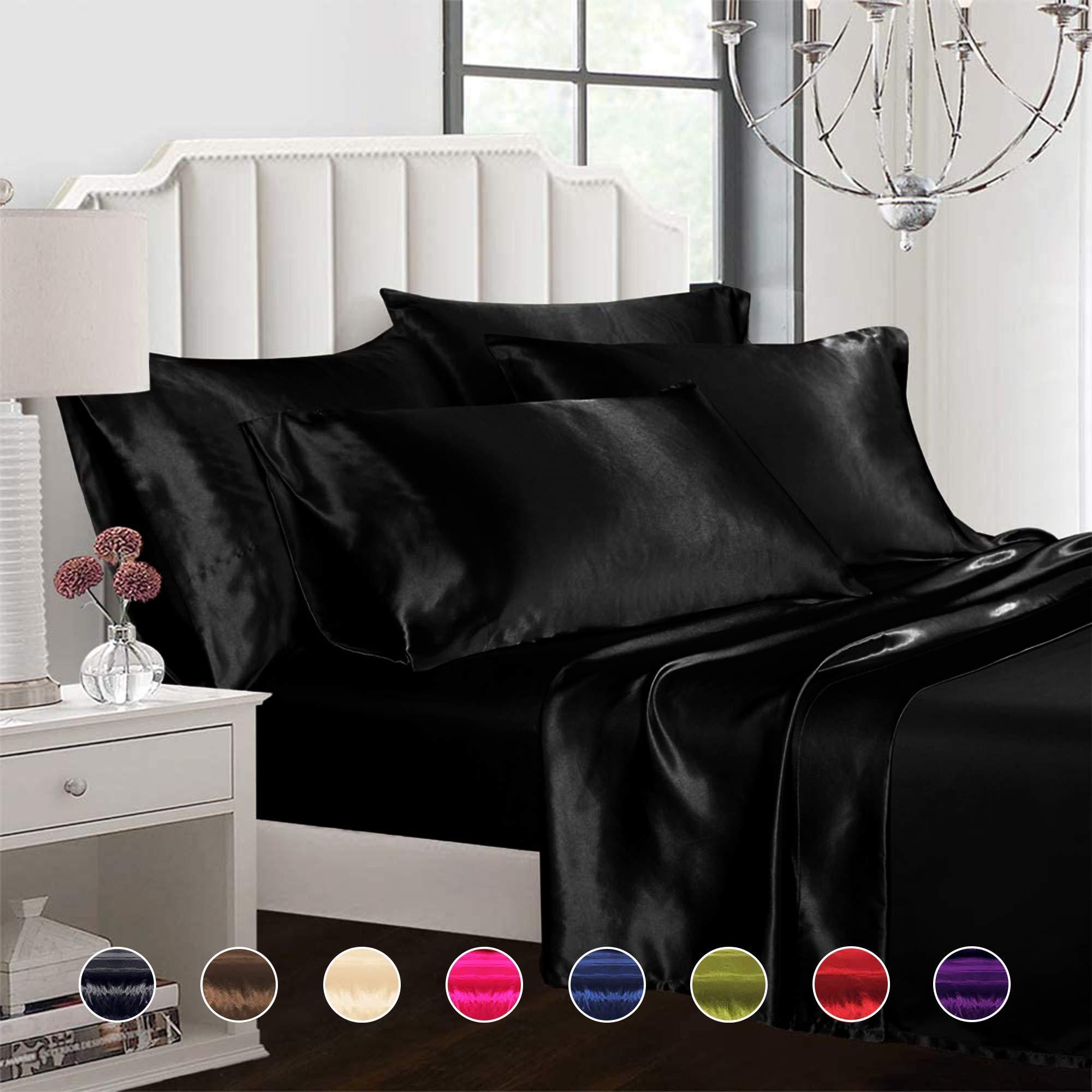 Roch Linen 7 Pc Silk Satin Sheet Set - Pure Silk Sheets - Silk Satin Fitted - Silk Satin Flat - Silk Satin Duvet Cover - Silk Satin Pillowcase - Skin Friendly Silk Satin Sheet Set - (Olympic Queen Aqua Blue)