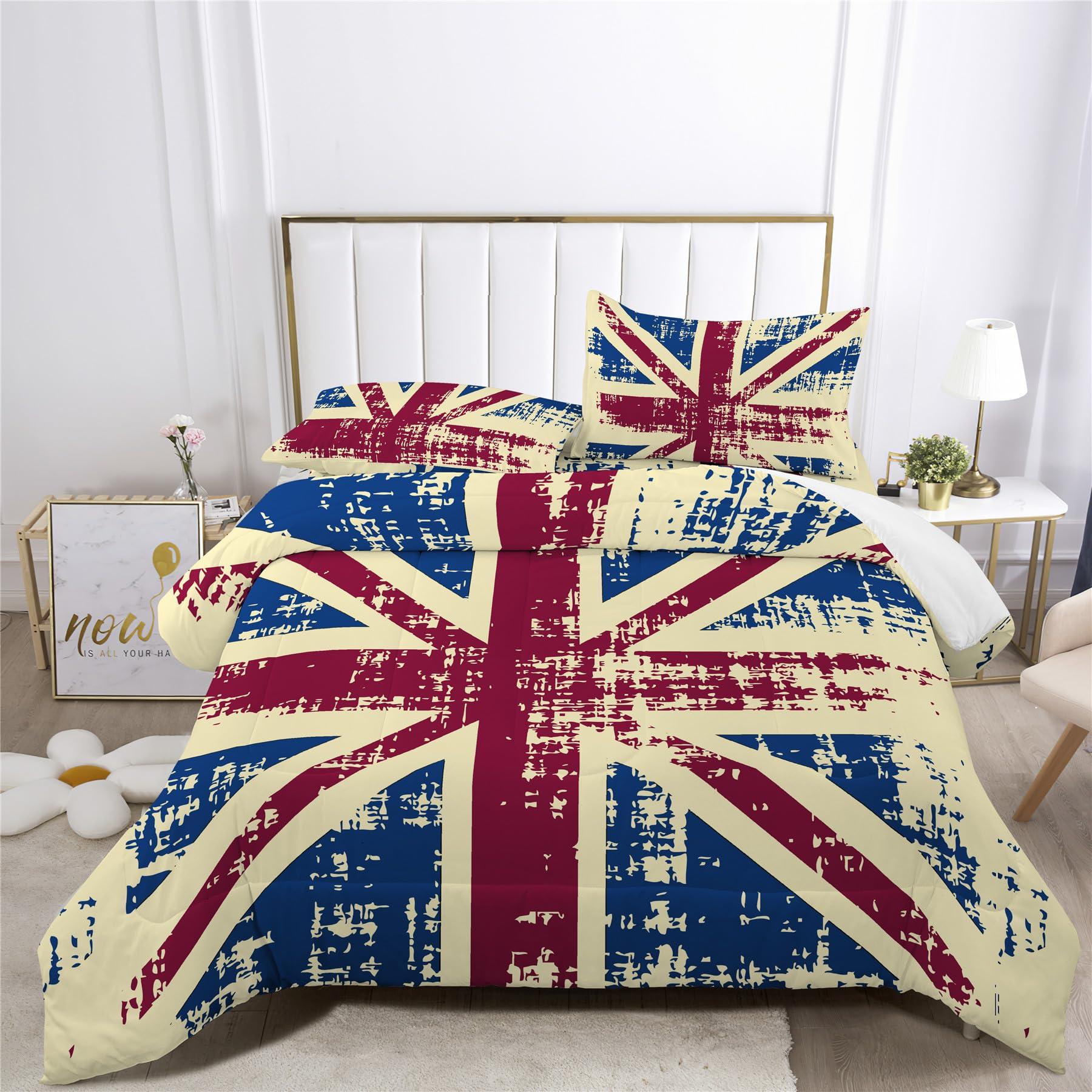 Boasorte Retro British Flag Design Comforter Set | UK Flag Union Jack Prints Bedding Set | with Soft Comforter+2 Pillow Shams(3PCS) or Sheet (4PCS) (B,Twin-3PCS)