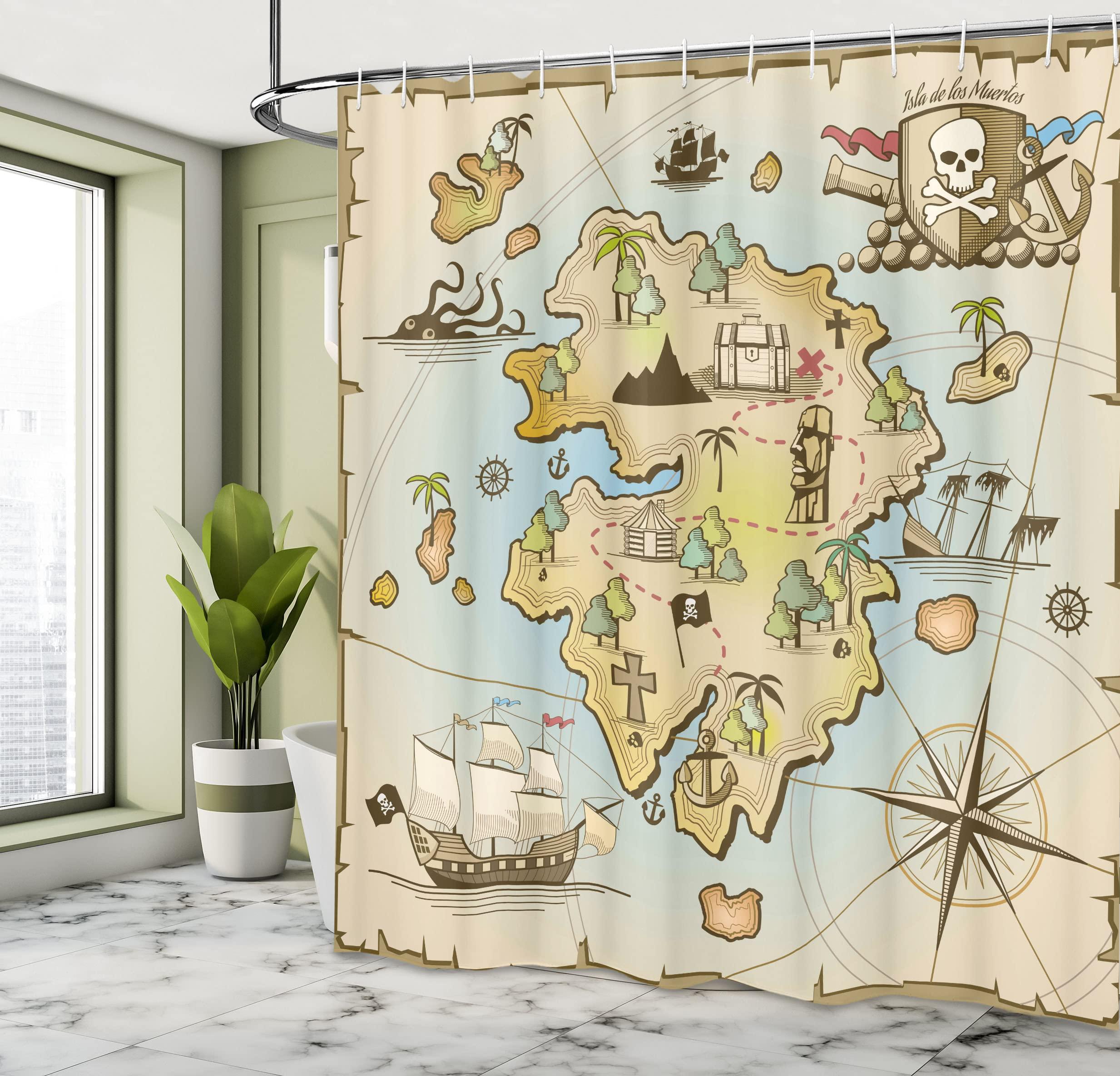 Ambesonne Ambesonne Island Map Shower Curtain, Cartoon Treasure Island Pirate Ship Chest Kraken Octopus Nautical Design, Cloth Fabric Bathroom Decor Set with Hooks, 69" W x 70" L, Pale Beige